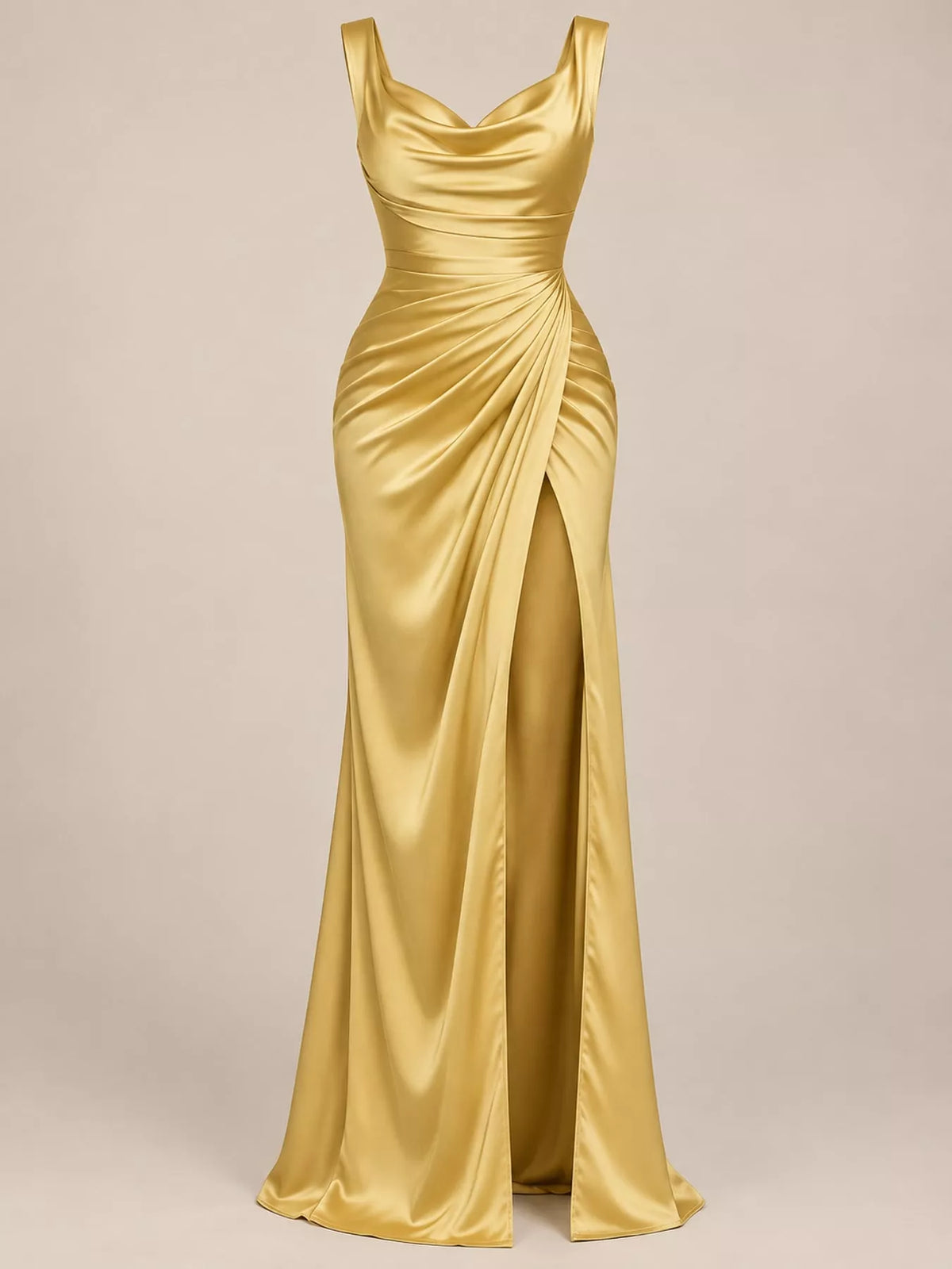 Gold satin cowl neck high slit maxi dress, front view