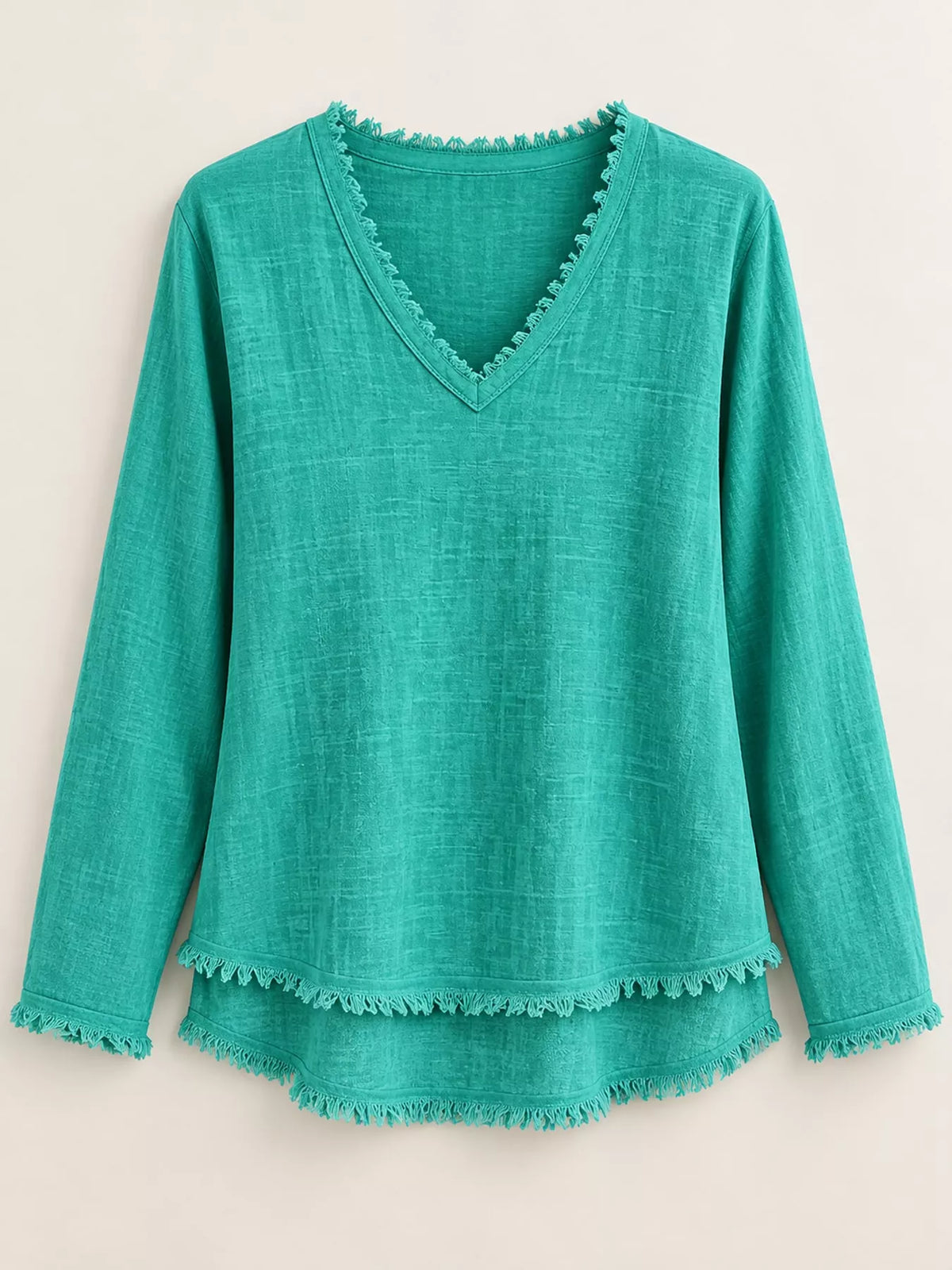 Frayed-hem blouse, teal hanging front