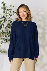 Trendsi Basic Bae Full Size Ribbed Round Neck Slit Knit Top -