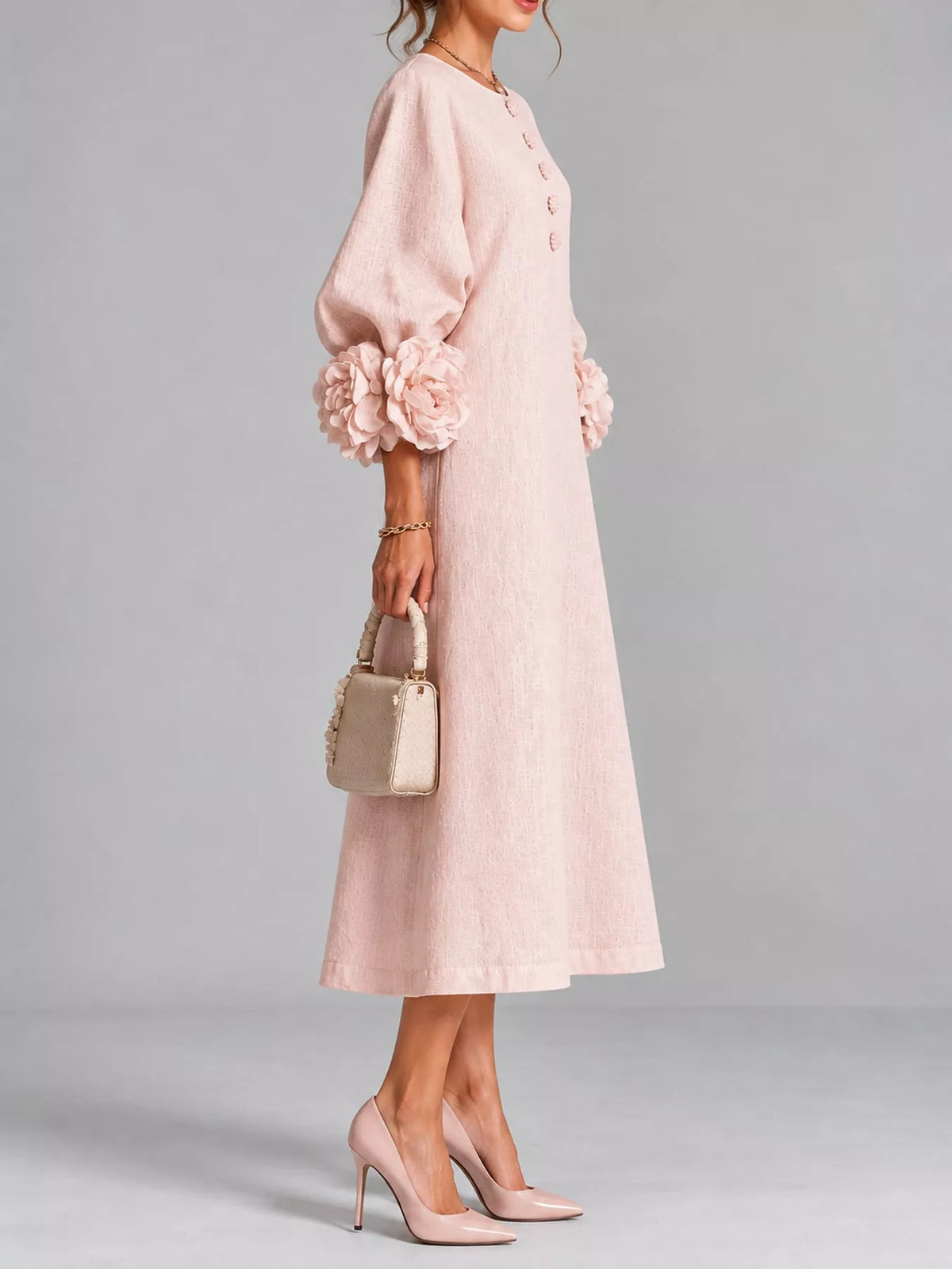 Floral Applique Sleeve Midi Dress in pink