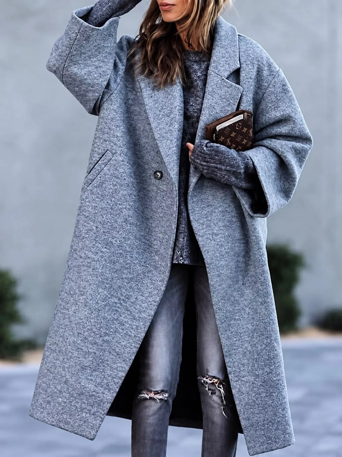 Gray lapel collar one button coat