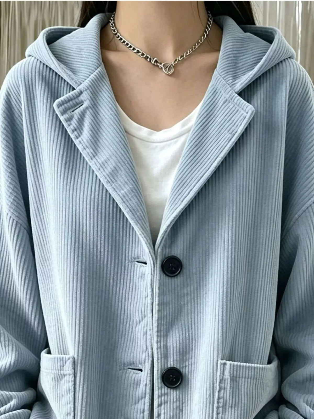 Women's Corduroy Button Up Hooded Jacket in light blue — front view