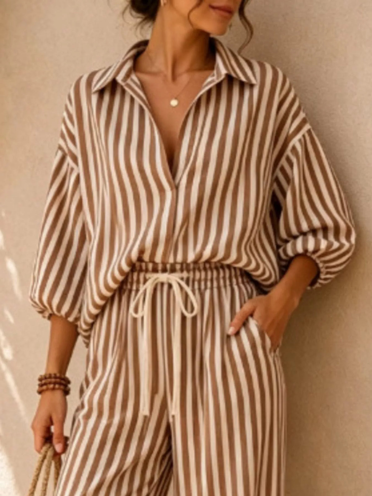 Brown and white striped shirt and drawstring pants set, shirt and waist detail