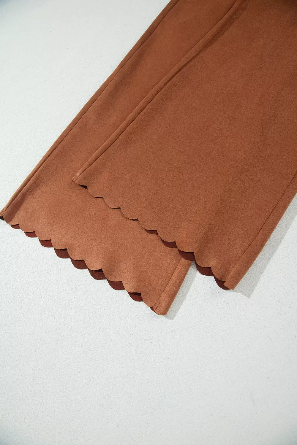 Brown scalloped-pocket wide-leg pants, scalloped hem detail