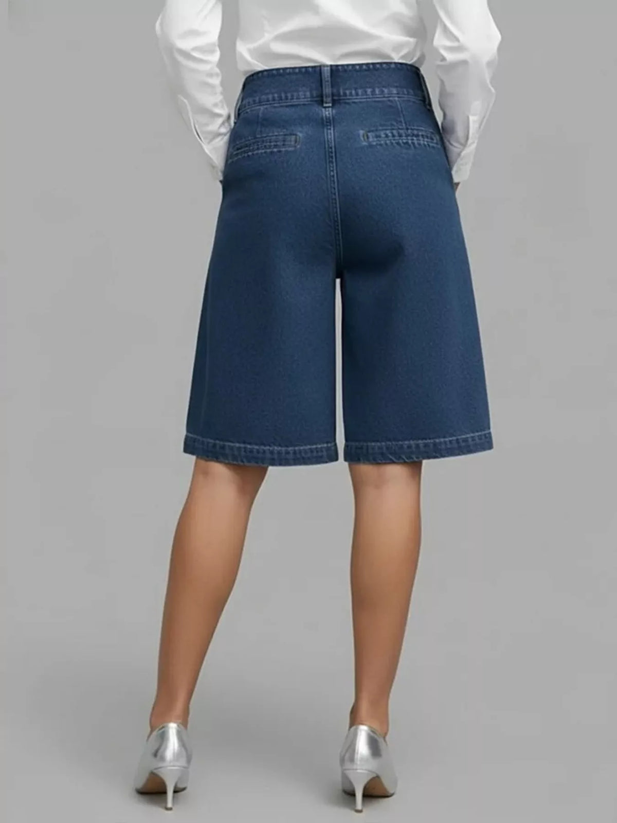 High-Waisted Wrap-Front Denim Look Shorts in blue, back view