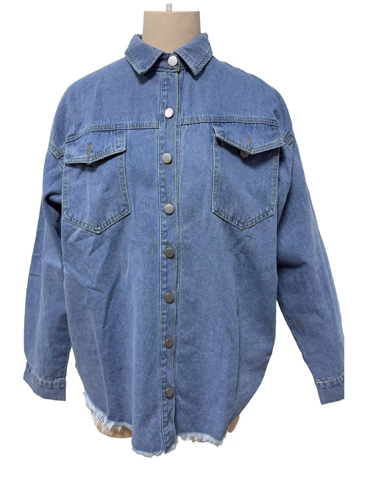 Blue raw hem button-up denim jacket — front view