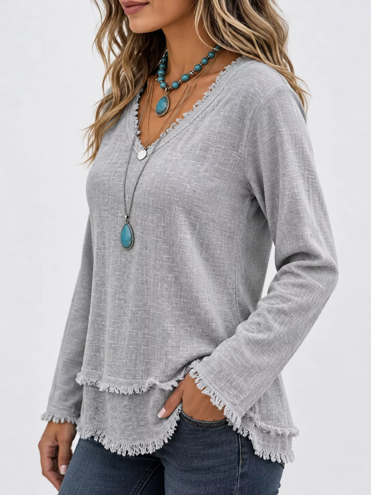 Frayed V-neck blouse, gray side