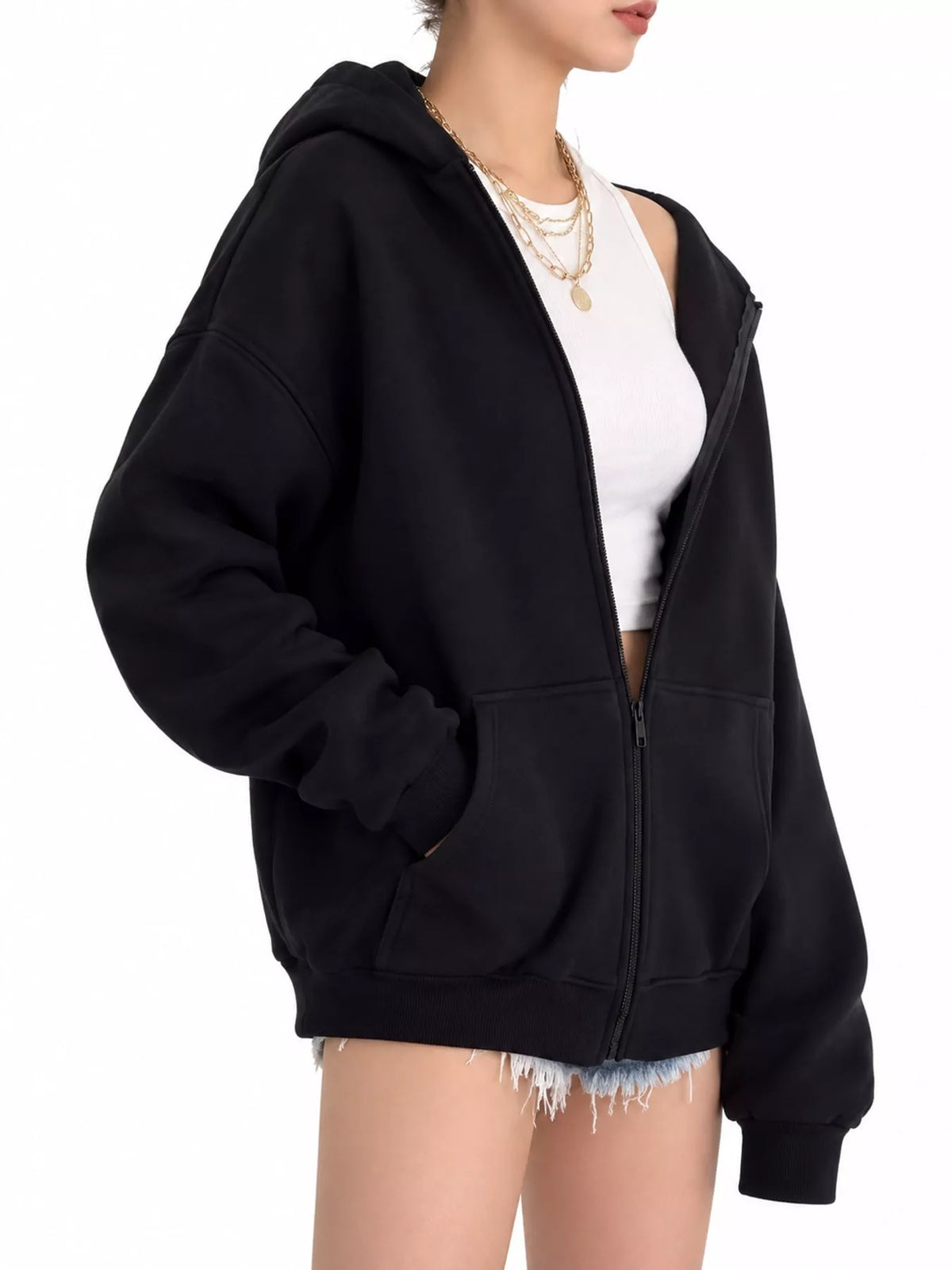 Women's Zip-Up Dropped Shoulder Hoodie in black — side view