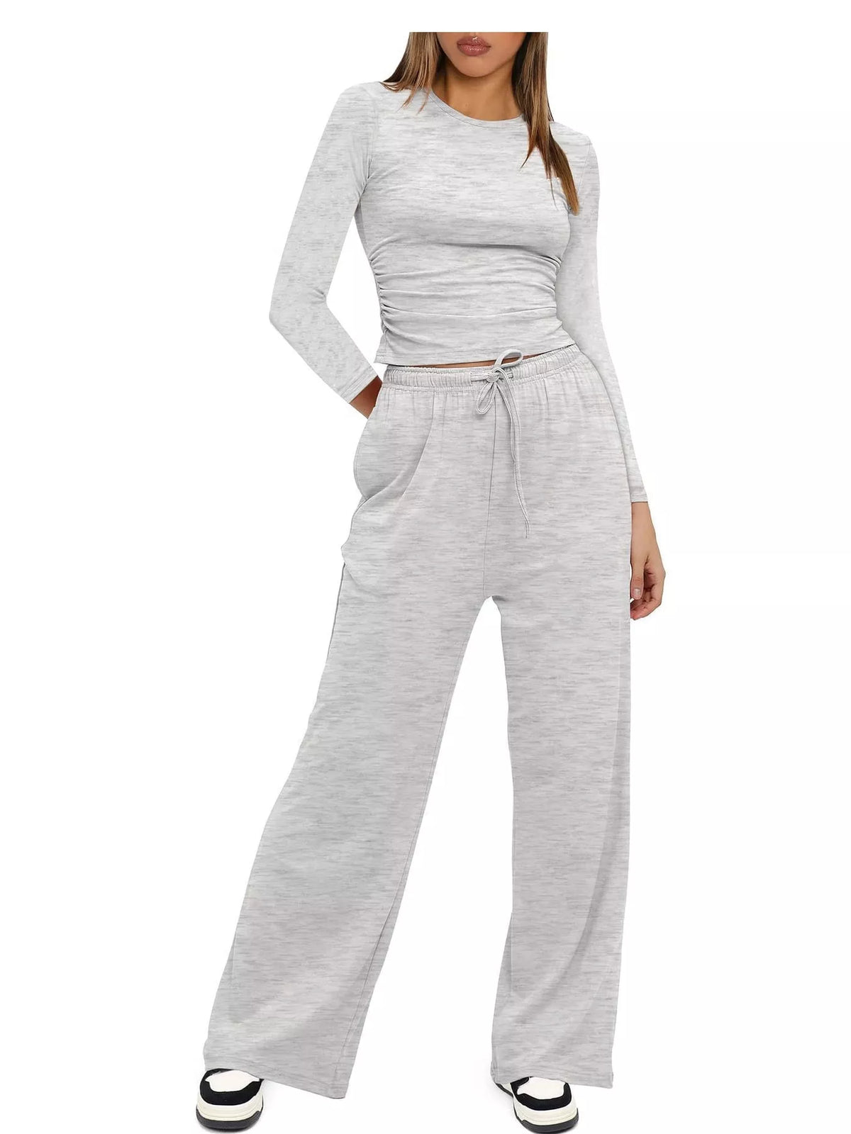 Long Sleeve Top and Wide-Leg Drawstring Pants Set — front view