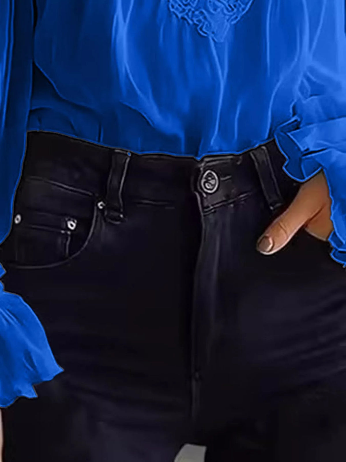 Royal blue lace V-neck flounce sleeve blouse, blouse fabric and cuff detail