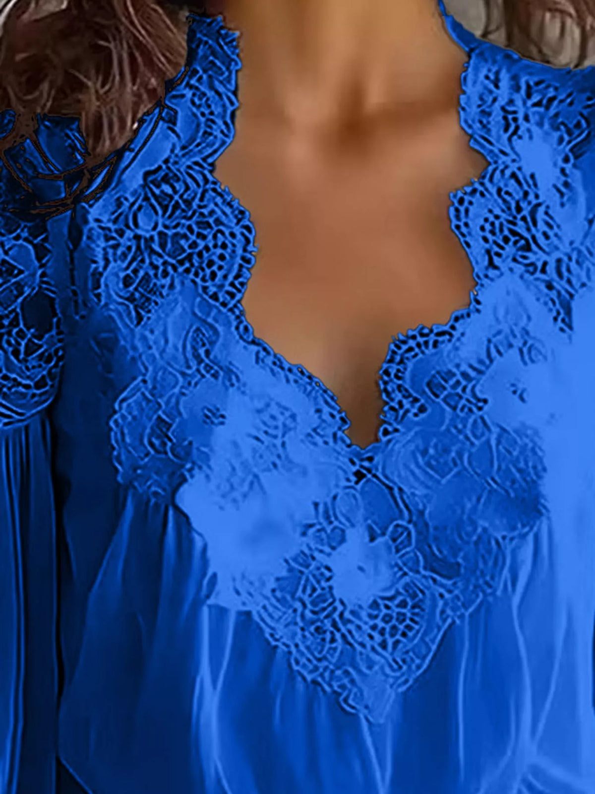 Royal blue lace V-neck flounce sleeve blouse, lace neckline detail