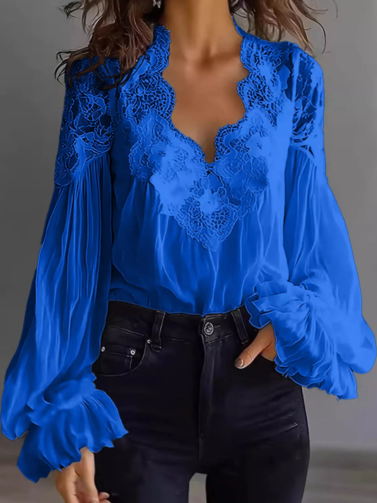 Royal blue lace V-neck flounce sleeve blouse