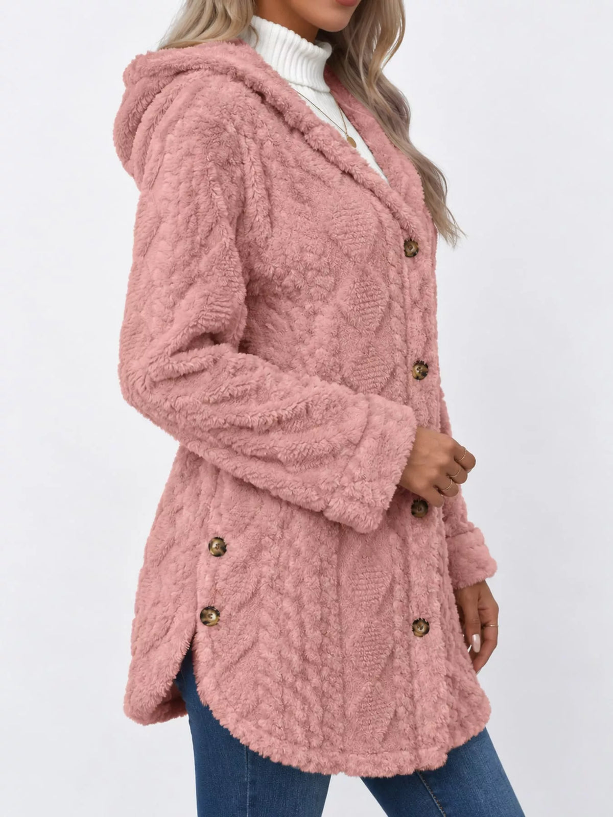Gray cable knit faux fur hooded jacket