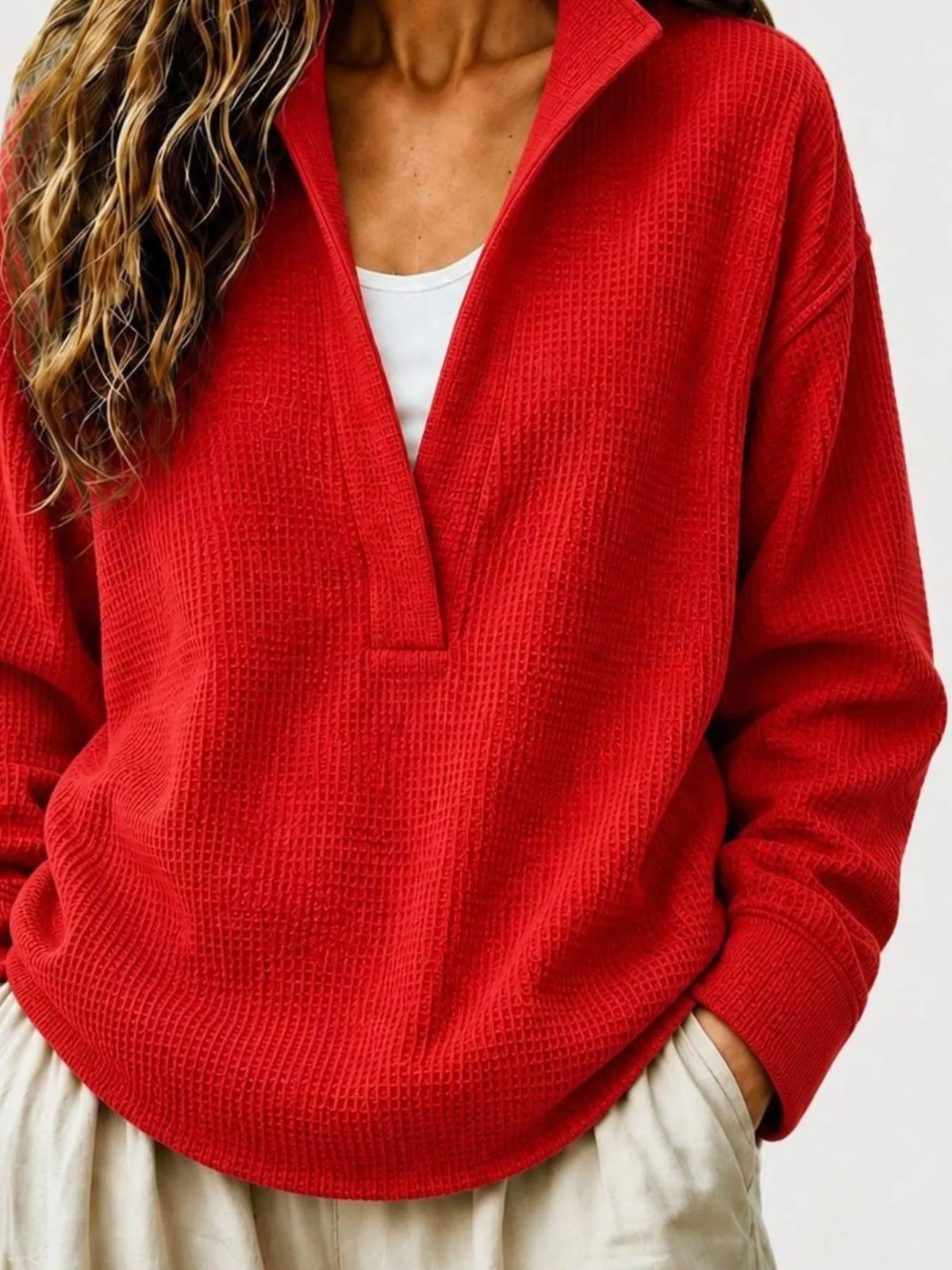 Scarlet Waffle Knit Dropped Shoulder Sweatshirt back view