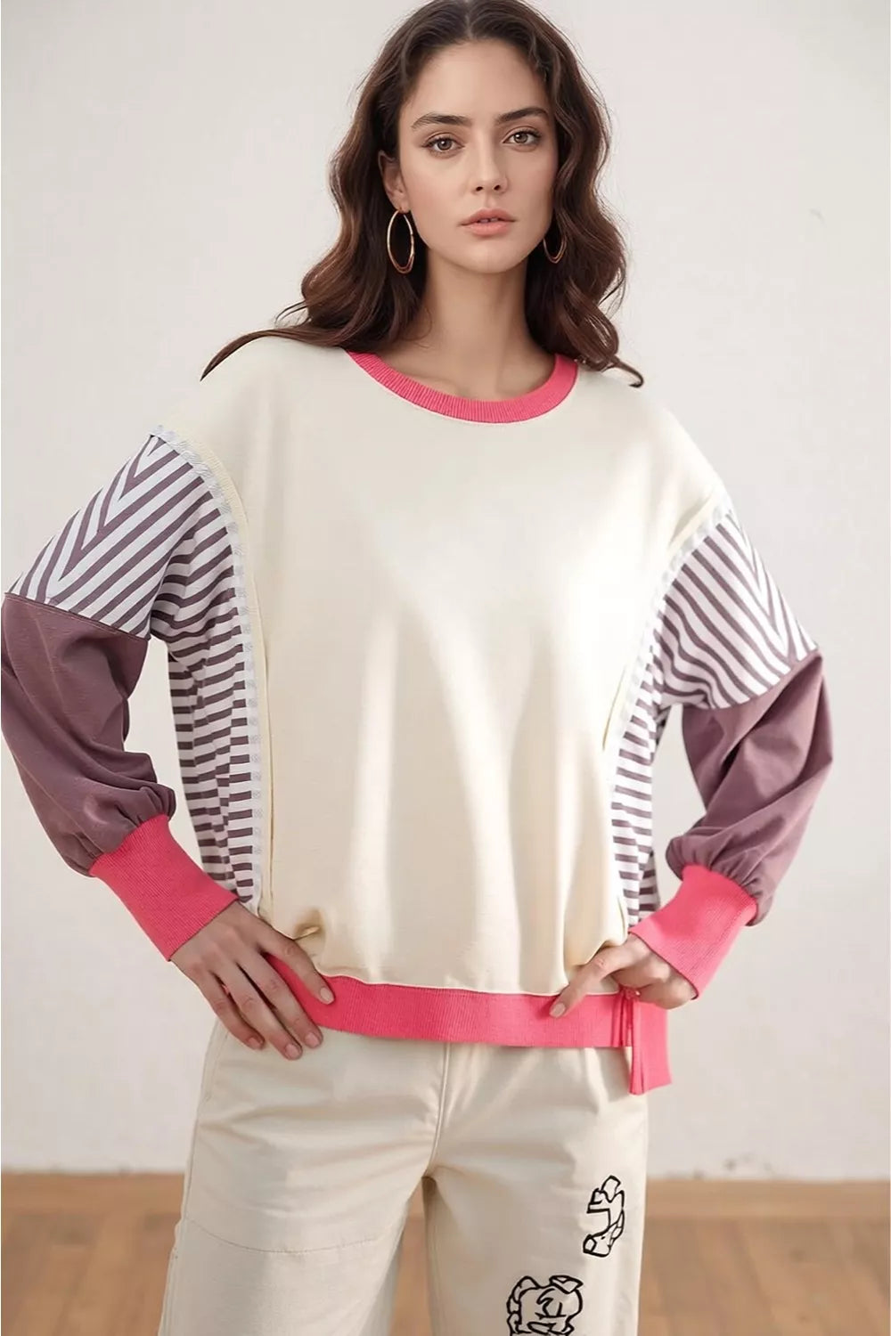 Trendsi Color-Block Striped Crew Neck Sweatshirt -