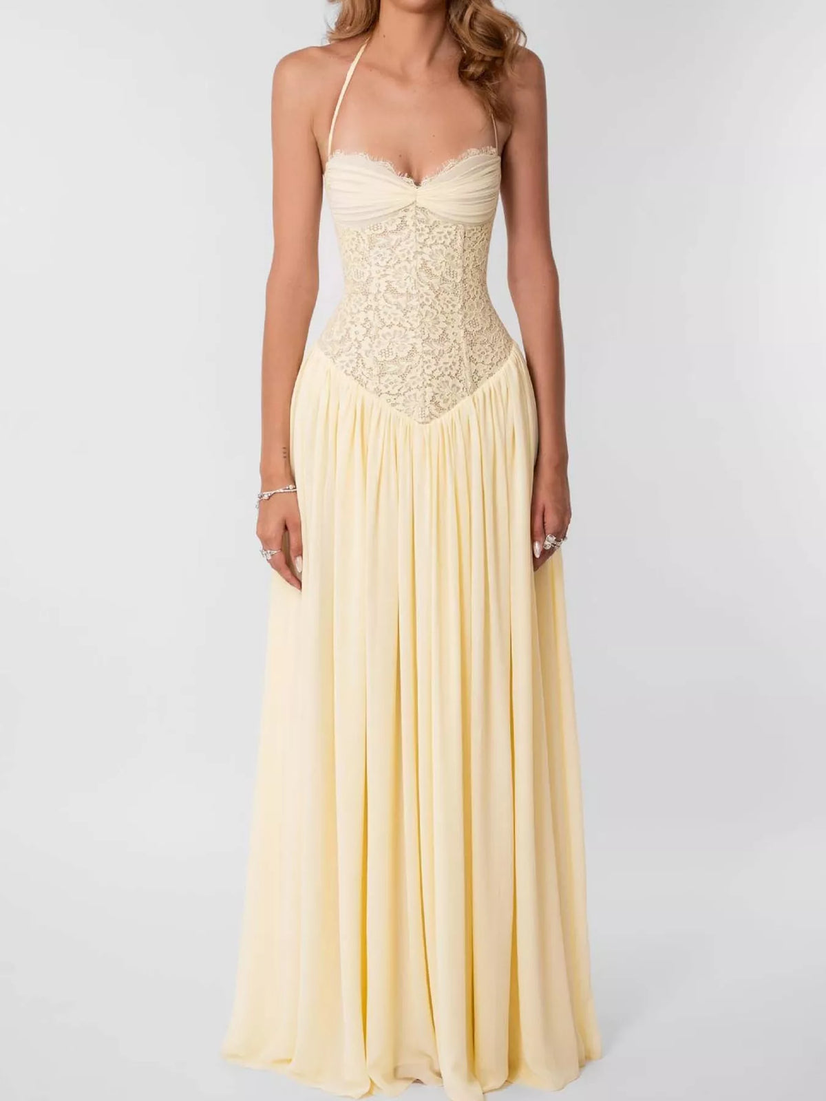 Yellow lace corset halter neck maxi dress — front view