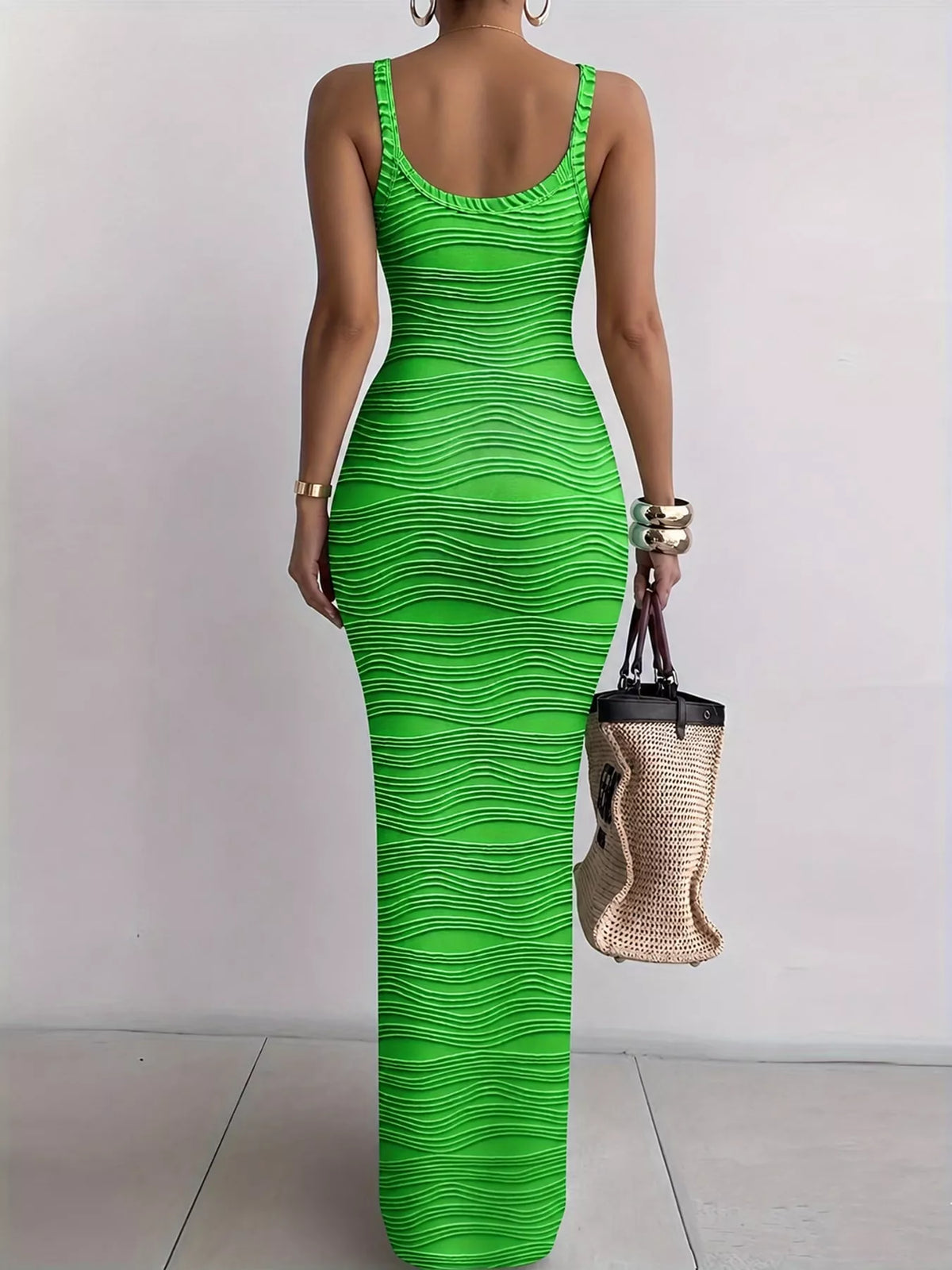 Bodycon maxi dress, green wavy-print back
