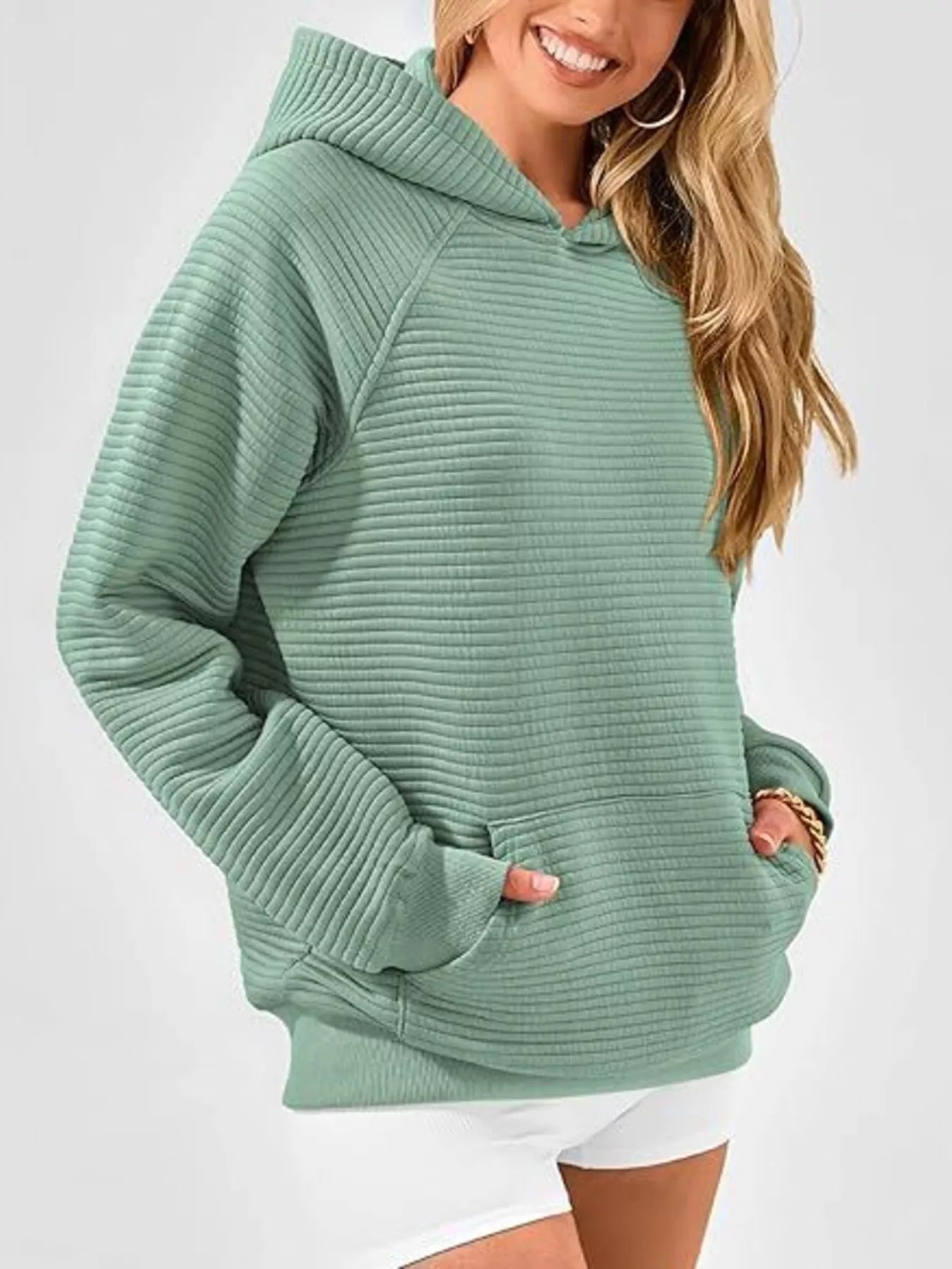 Trendsi Texture Kangaroo Pocket Raglan Sleeve Hoodie -