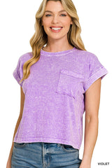 Trendsi Zenana Halo Snow Washed Cotton Cuffed Short Sleeve Top -