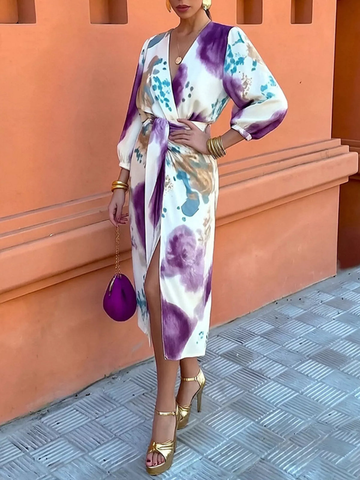 Purple abstract-print tie-waist midi dress