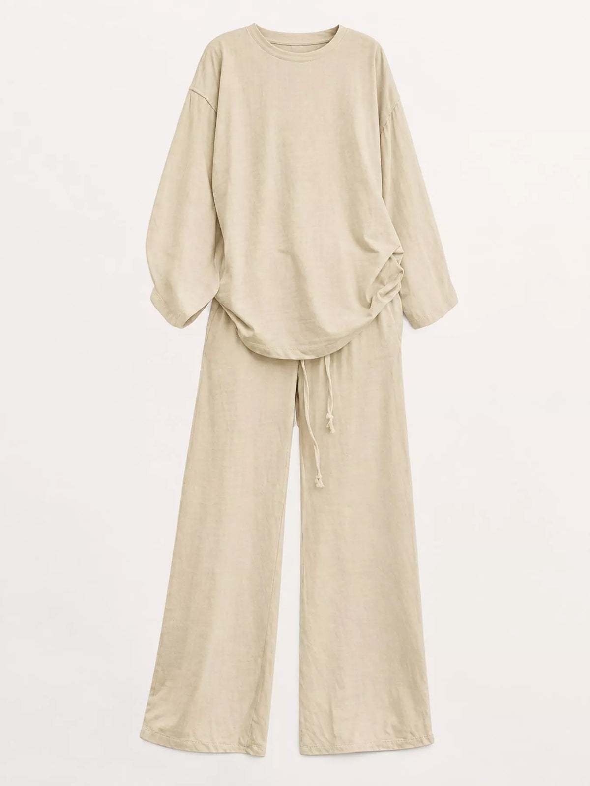 Women's Round Neck Top and Drawstring Wide-Leg Pants Set in cream — flat lay view