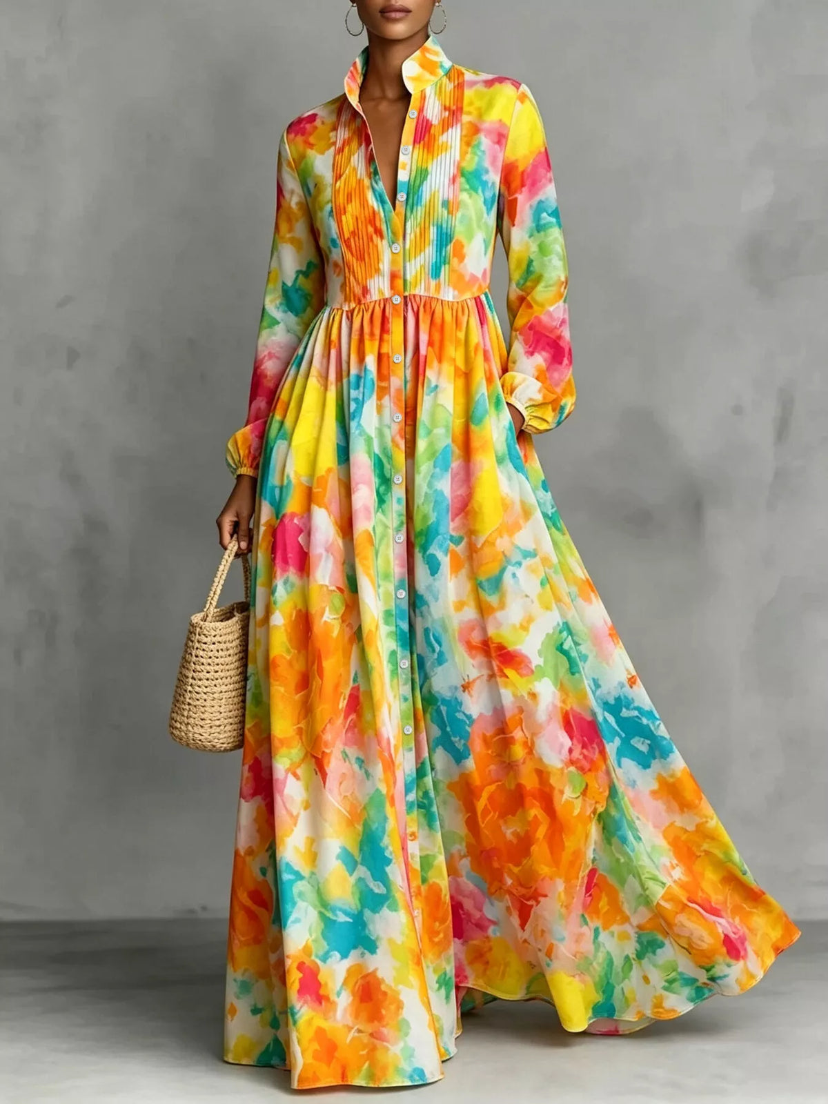 Watercolor Print Long-Sleeve Button-Down Maxi Dress in multicolor, front view