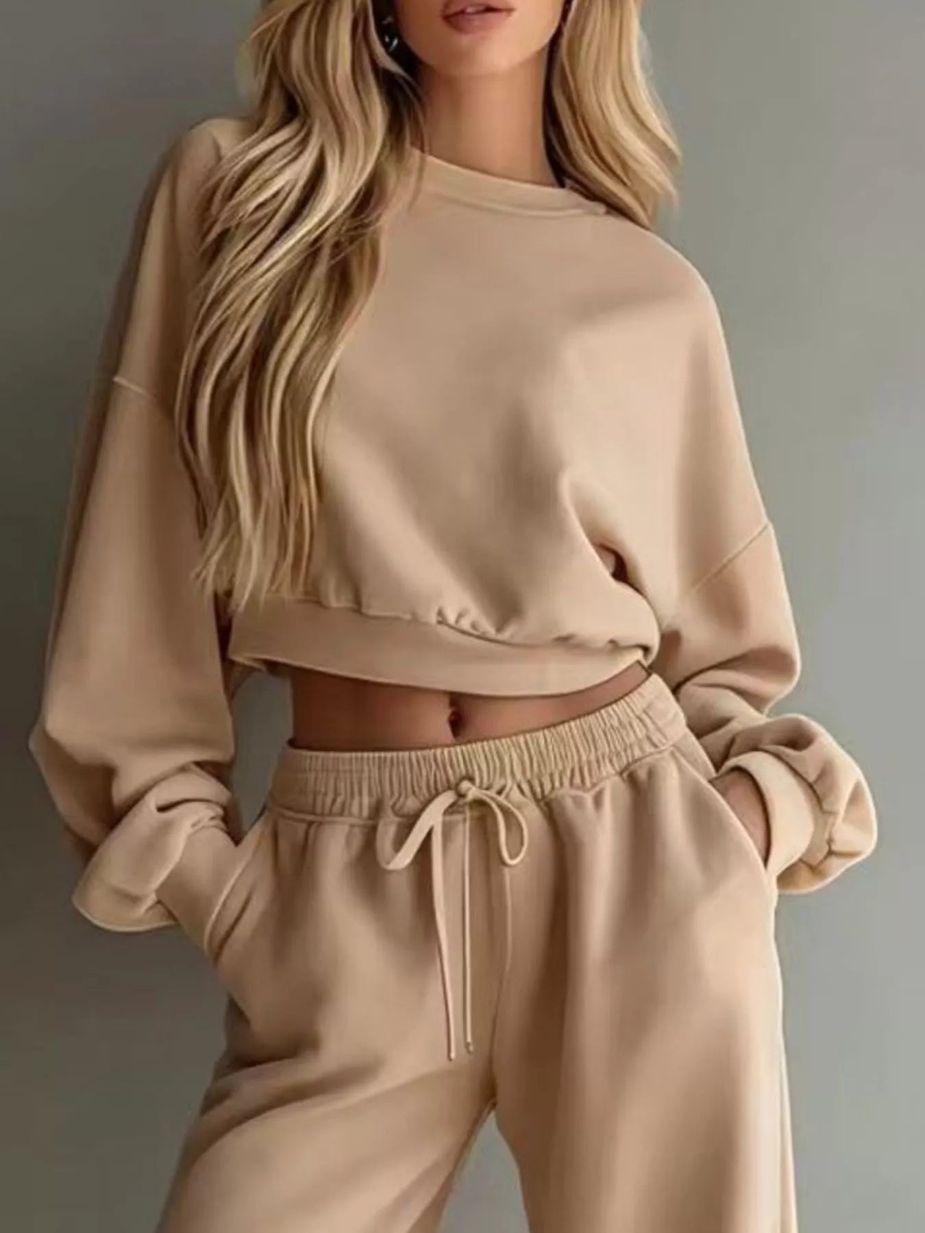 Trendsi Round Neck Cropped Sweatshirt and Wide-Leg Pants -