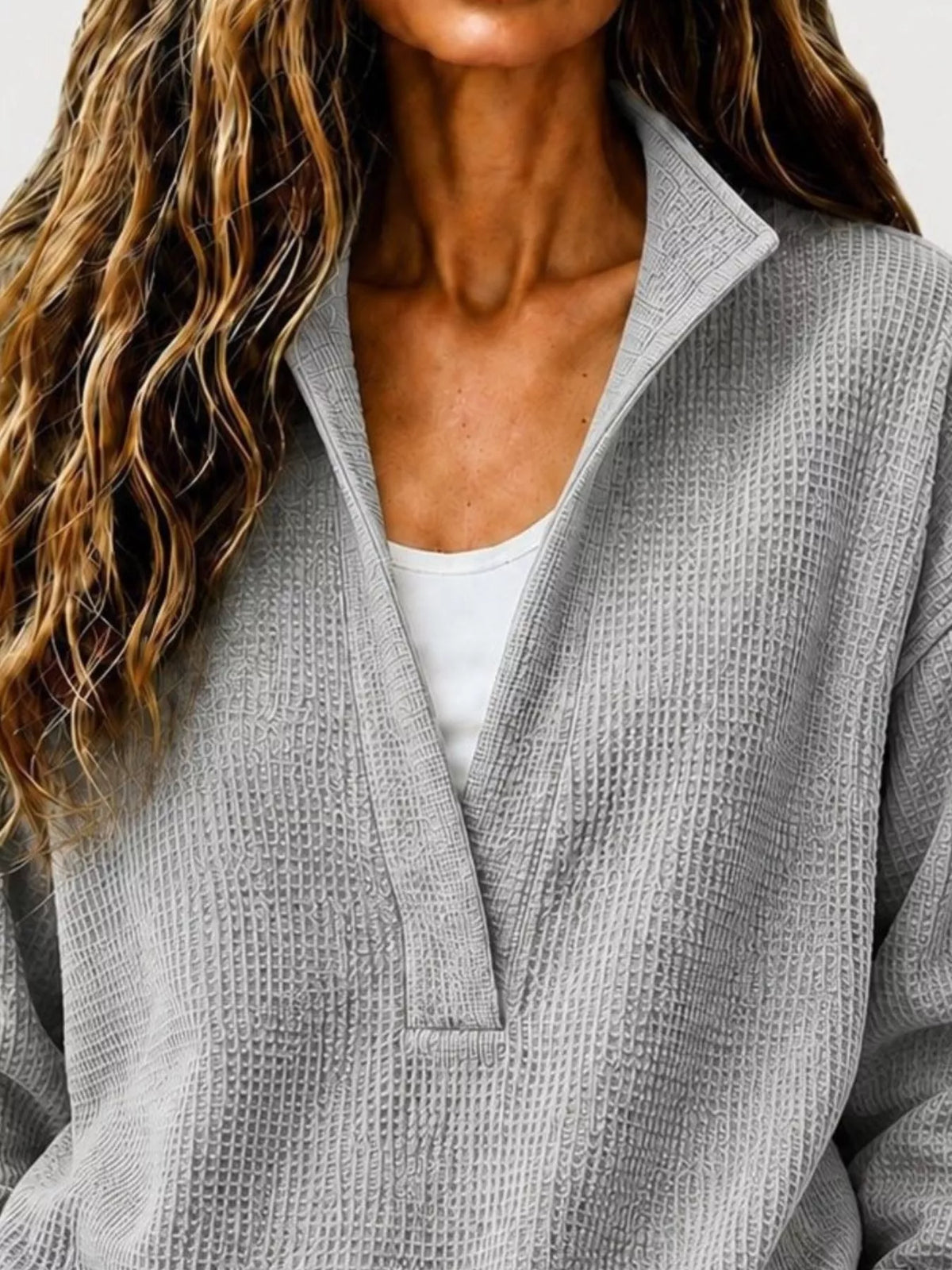 Gray Waffle Knit Dropped Shoulder Sweatshirt detail view