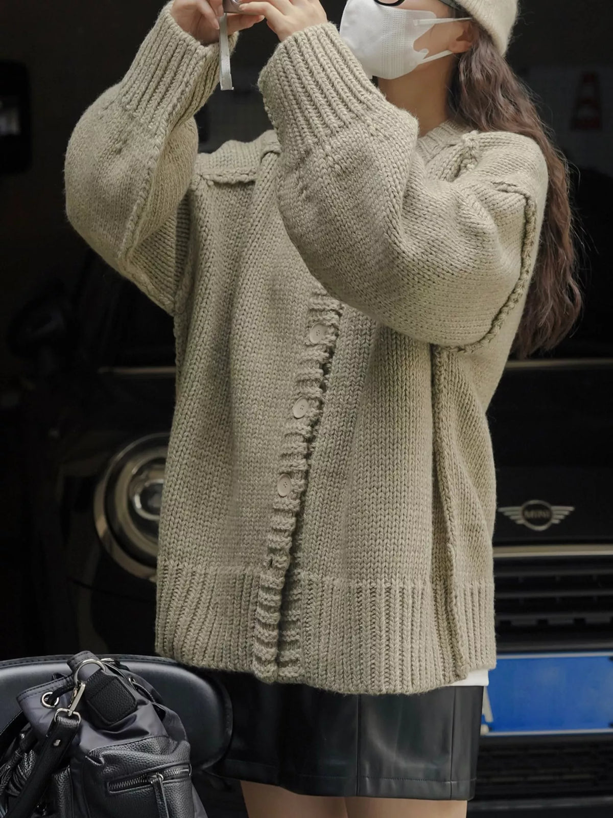 Oversized Chunky Knit Cardigan with Textured Button Placket, detail view in green