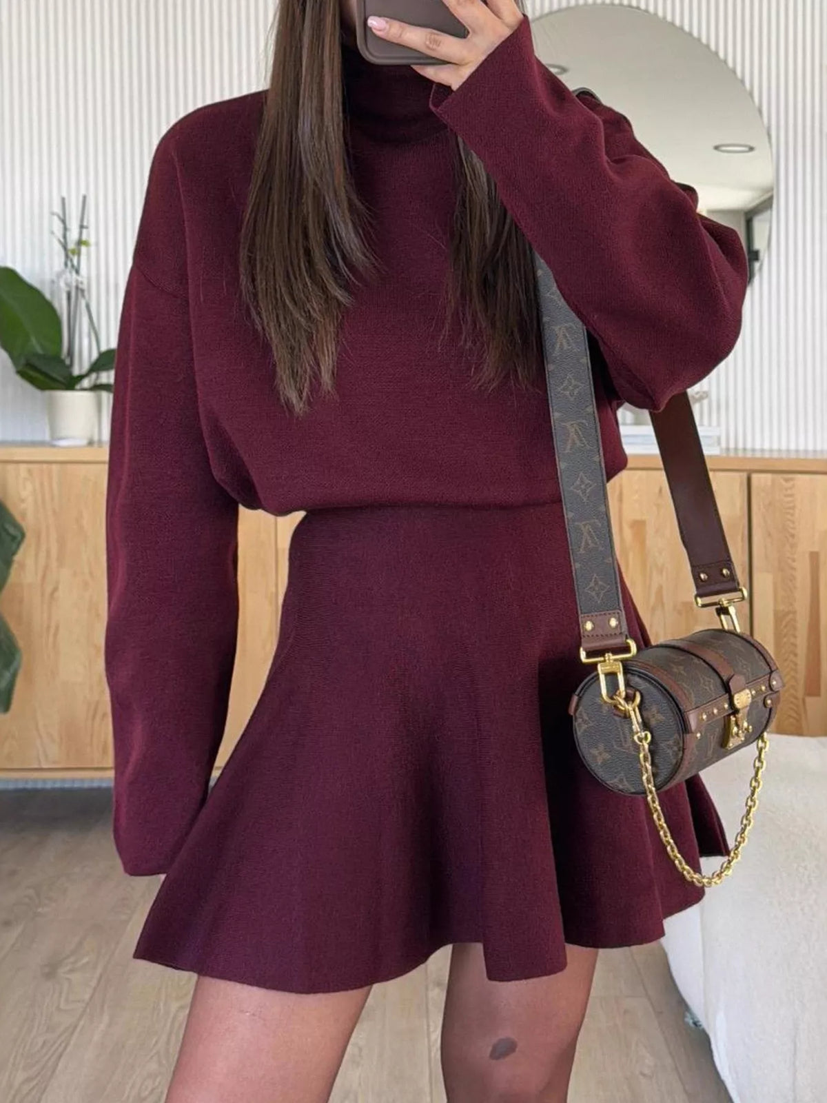 Burgundy mock neck knit top and flared skirt set