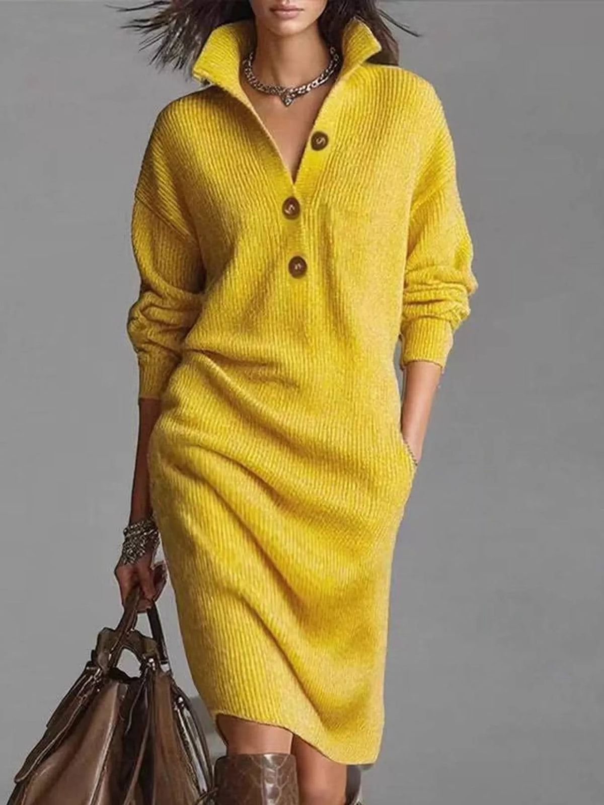 Collared long sleeve knee dress, front view on model