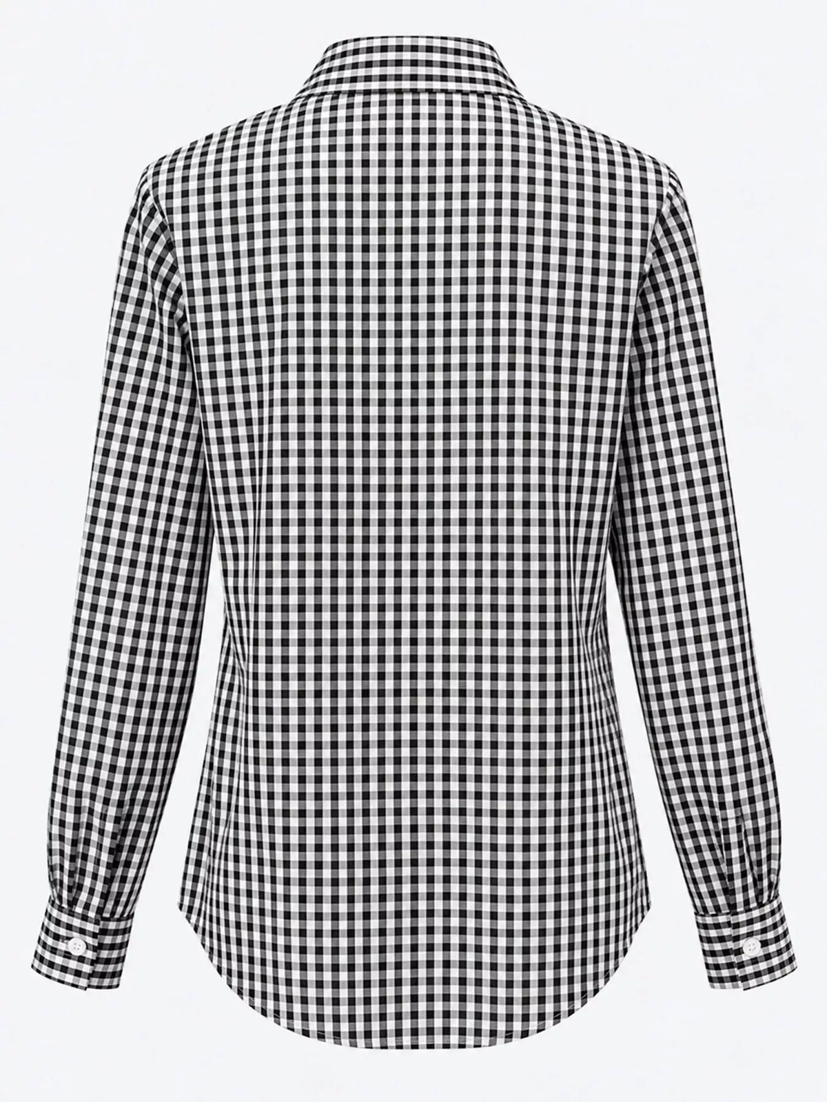 Black and white plaid button-down shirt, back view