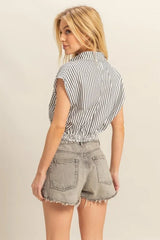Trendsi HYFVE Striped Elastic Hem Johnny Collar Cap Sleeve Blouse - Pants