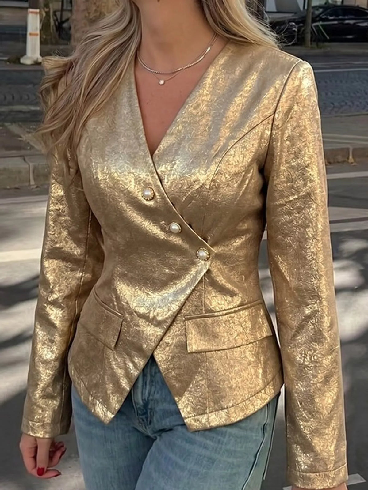 V-neck long sleeve blazer, front view on model