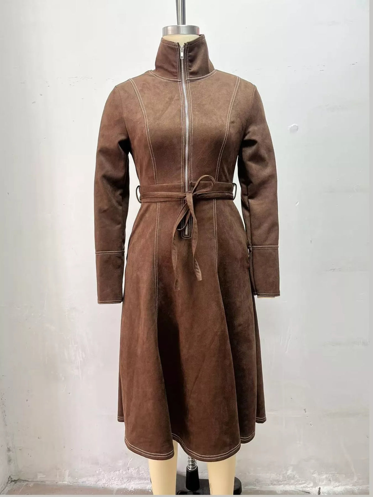 Dark brown zipper front midi dress, front view