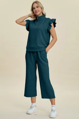 Trendsi Double Take Full Size Texture Ruffle Short Sleeve Top and Wide Leg Pants Set -