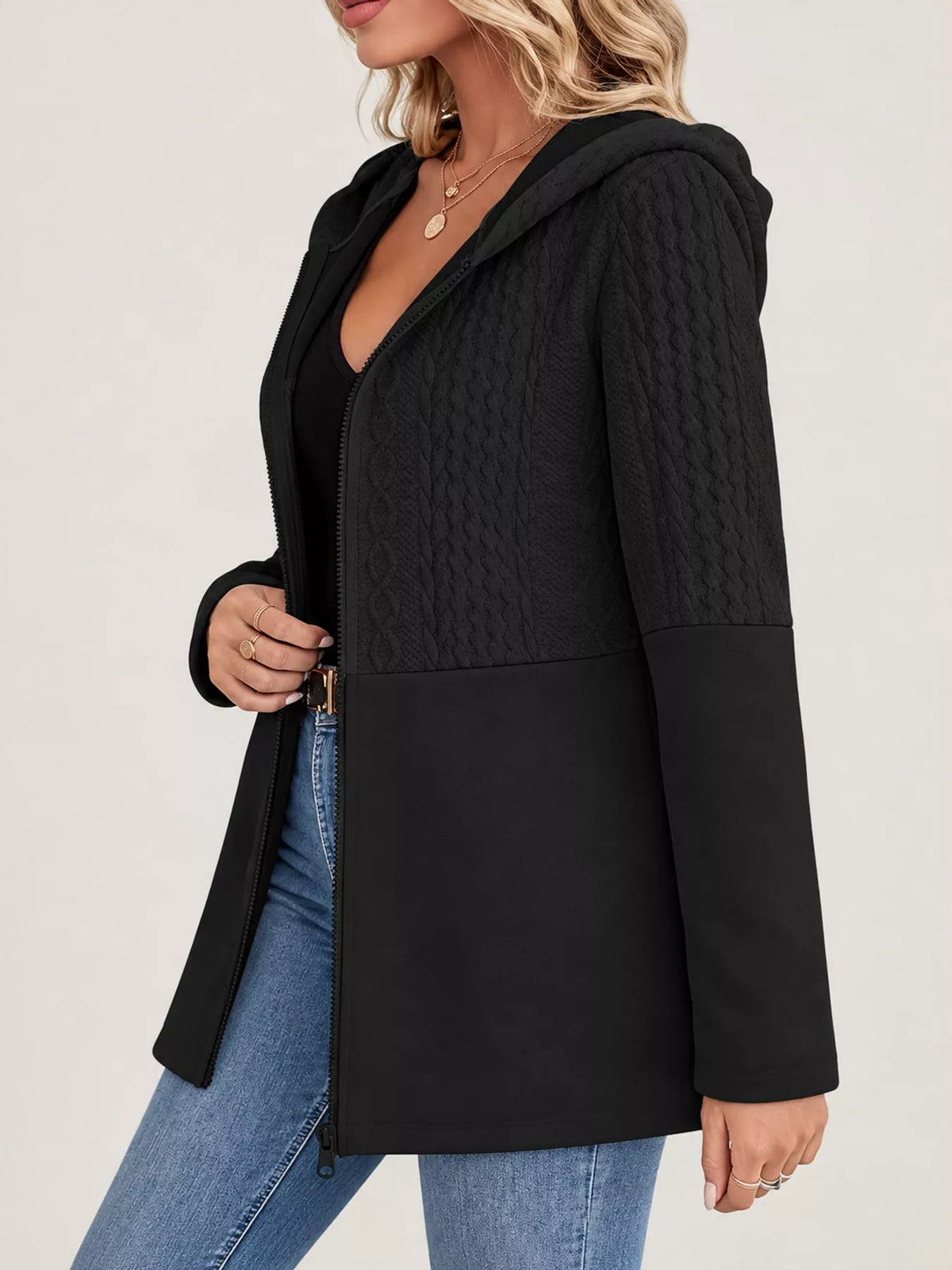 Black hooded zip-up jacket, side view