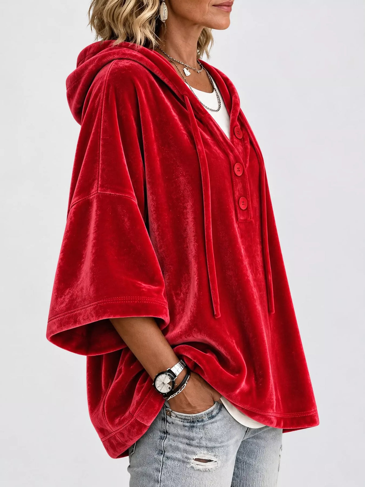 Velvet Button Hoodie in red, side view