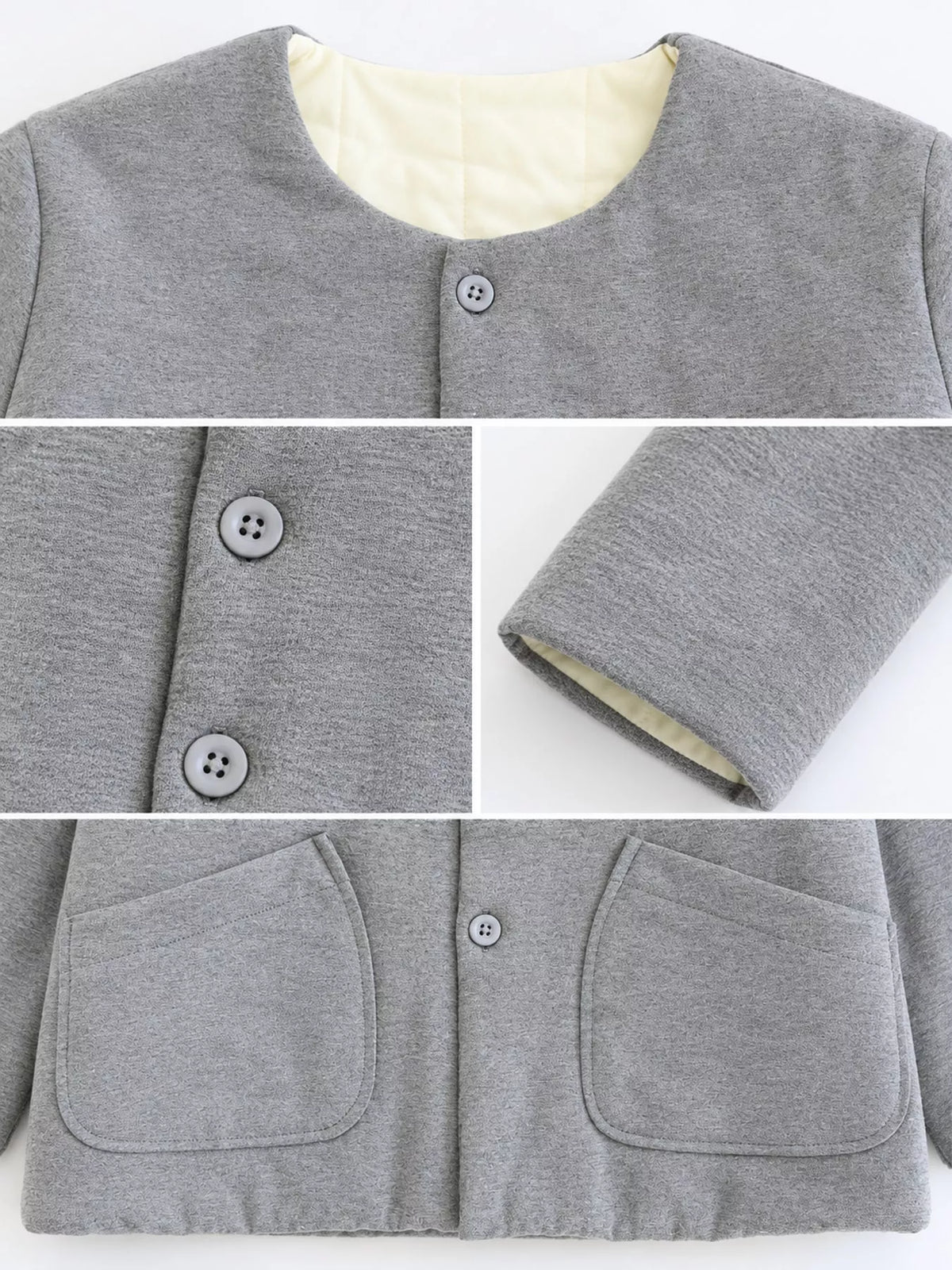 Quilted Crewneck Button-Down Jacket — construction details