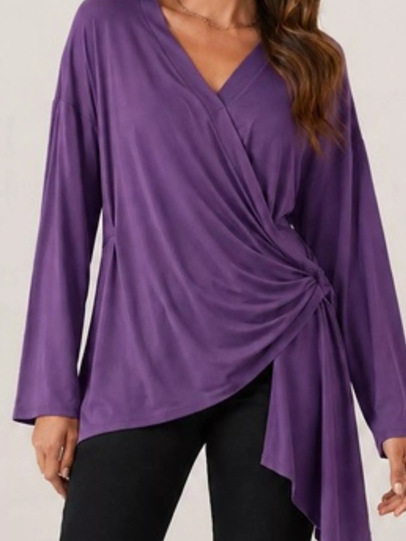 Trendsi Long Sleeve Wrap T-Shirt with Side Knot Detail -