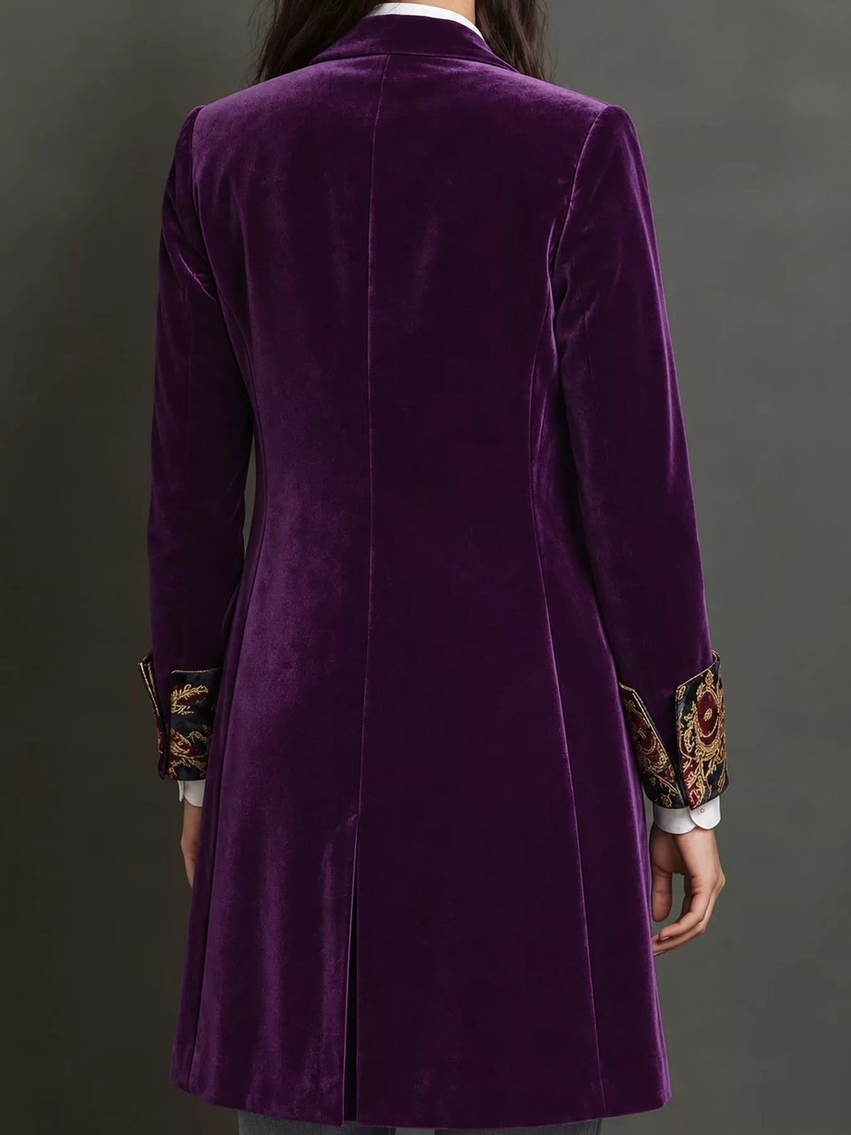 Purple (with Lining) floral lapels and cuffs velvet blazer, back view