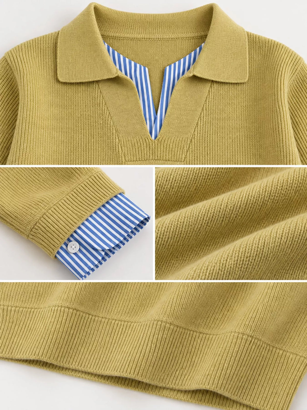 Yellow layered look striped sweater, collar, striped inserts, and ribbed hem
