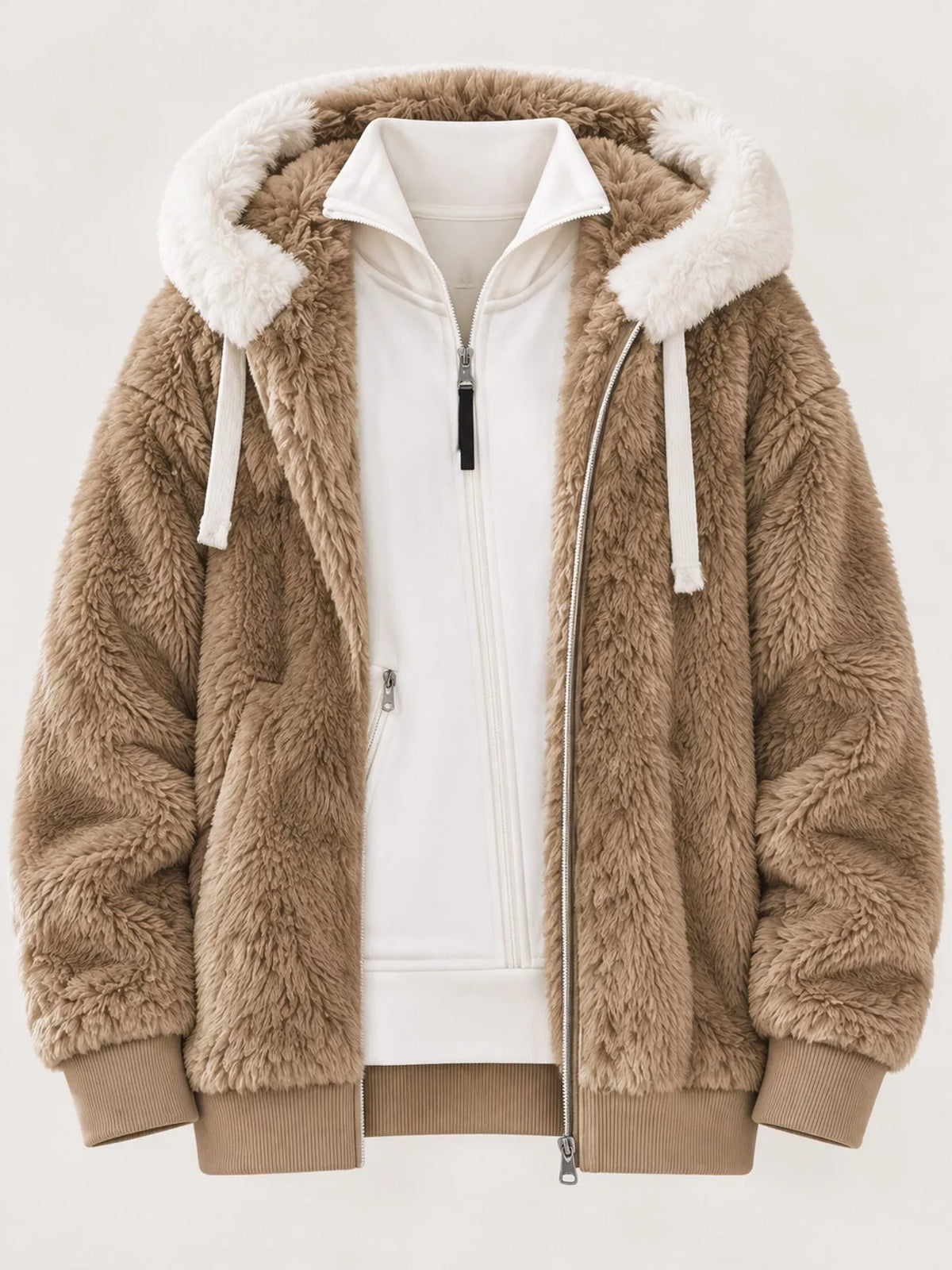 Tan with white hood trim faux fur zip up hooded jacket, front view