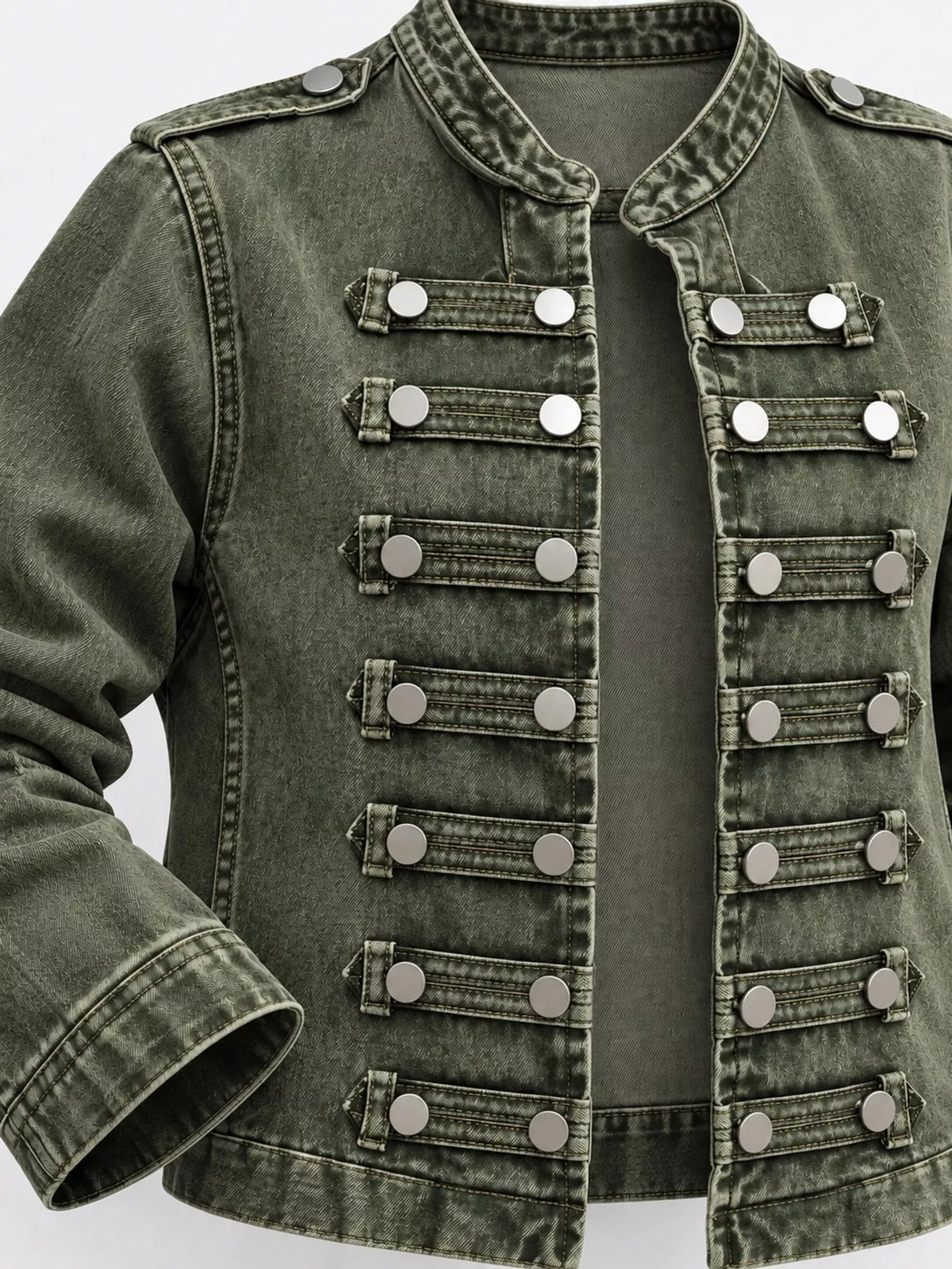 Decorative Button Cropped Denim Jacket — garment construction details