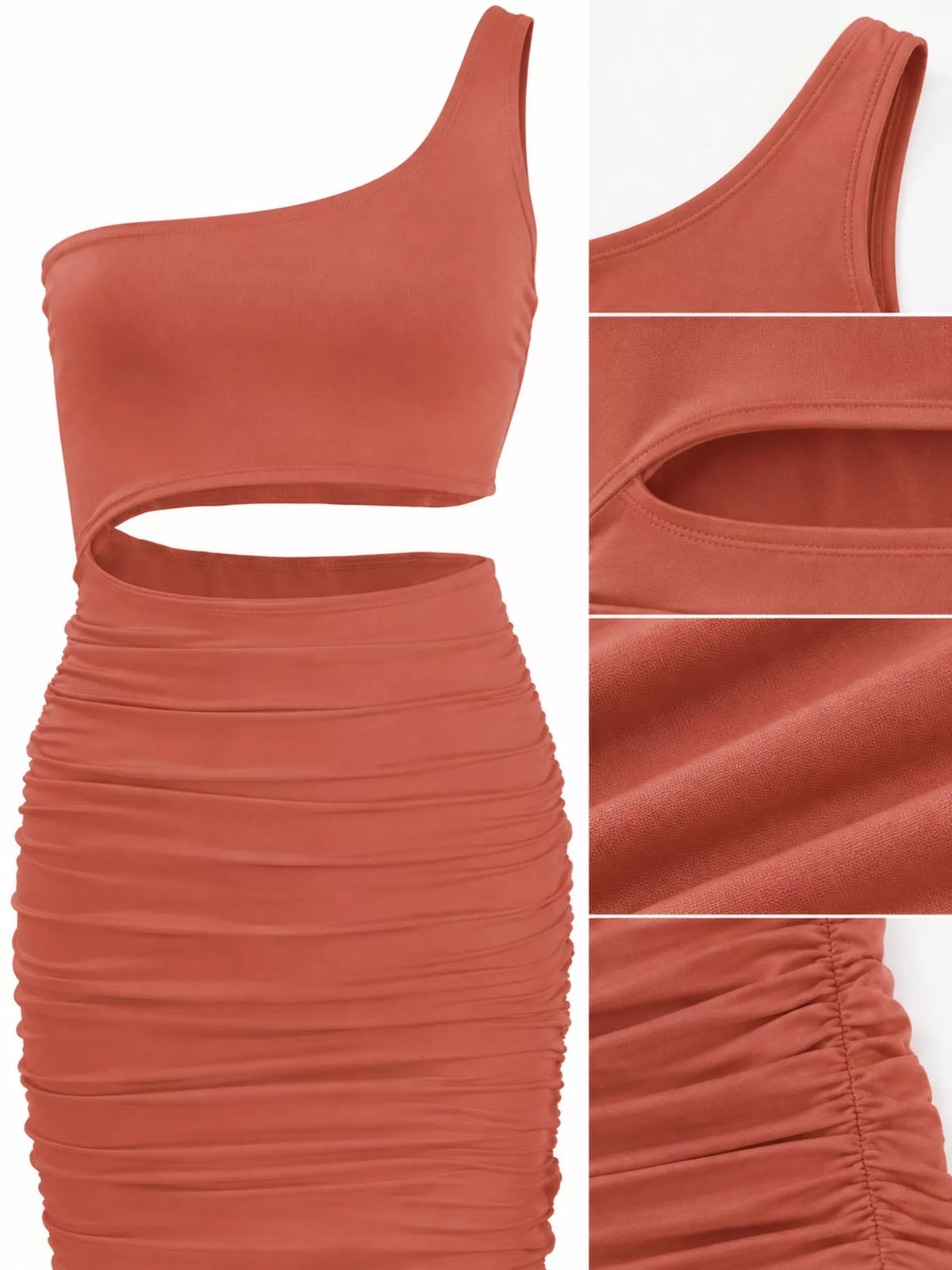 One-shoulder cutout dress, coral detail collage
