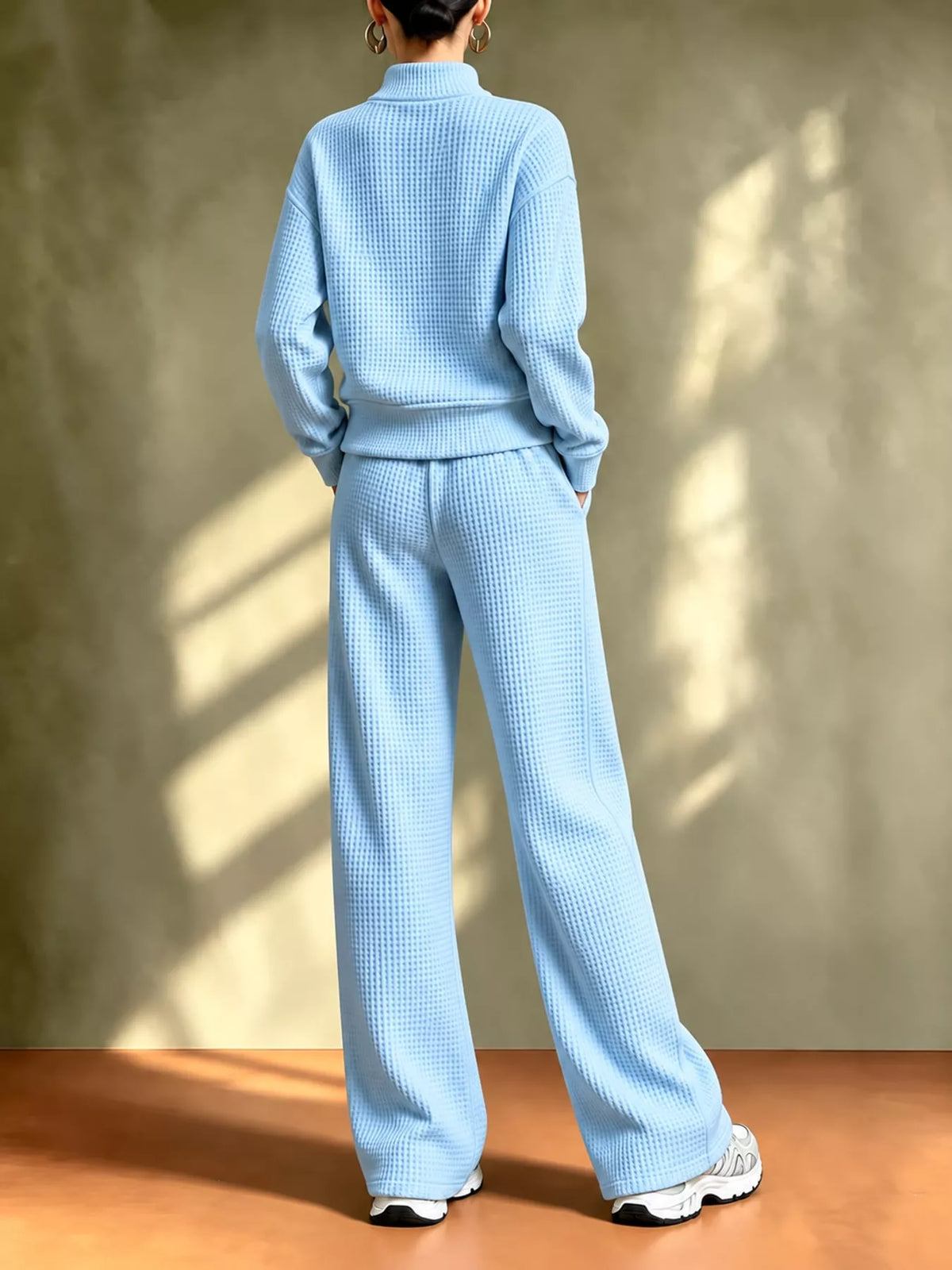 Sky Blue waffle knit button-up outerwear and wide-leg pants set, back view