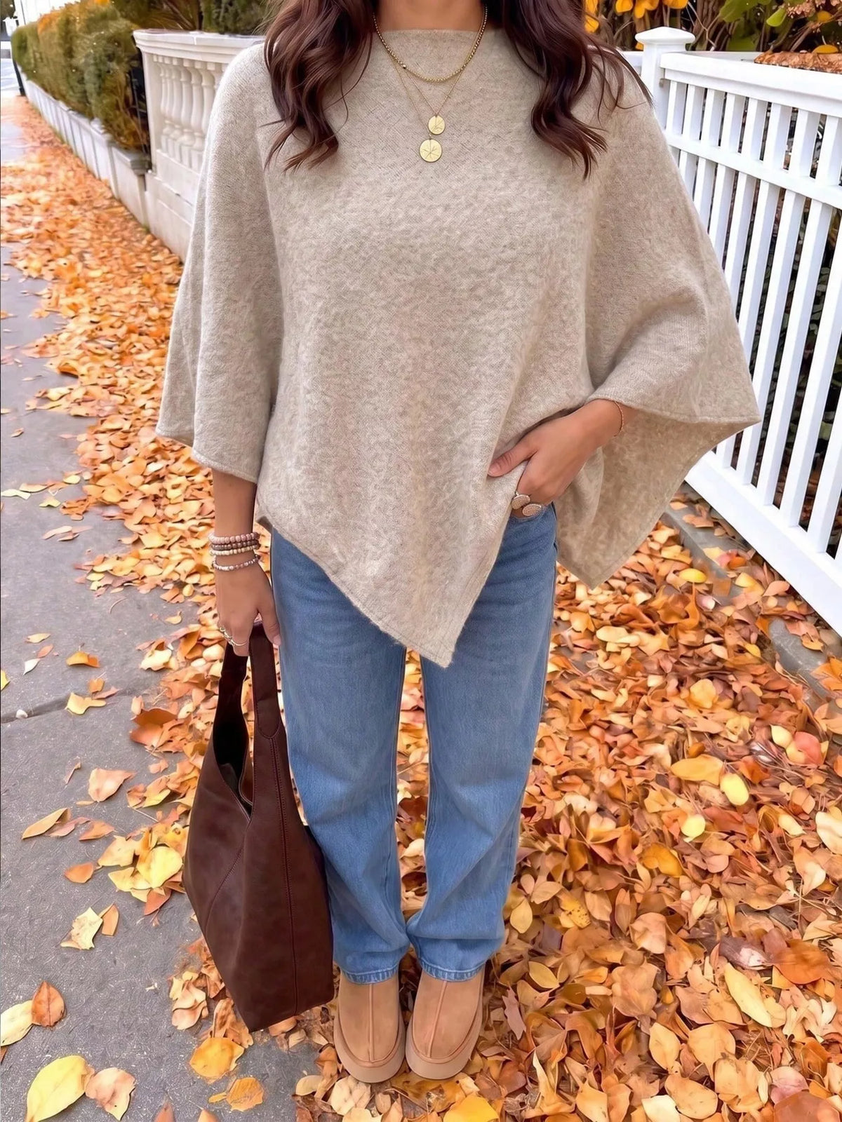 Khaki Oversized Round Neck Cape Sweater, front view