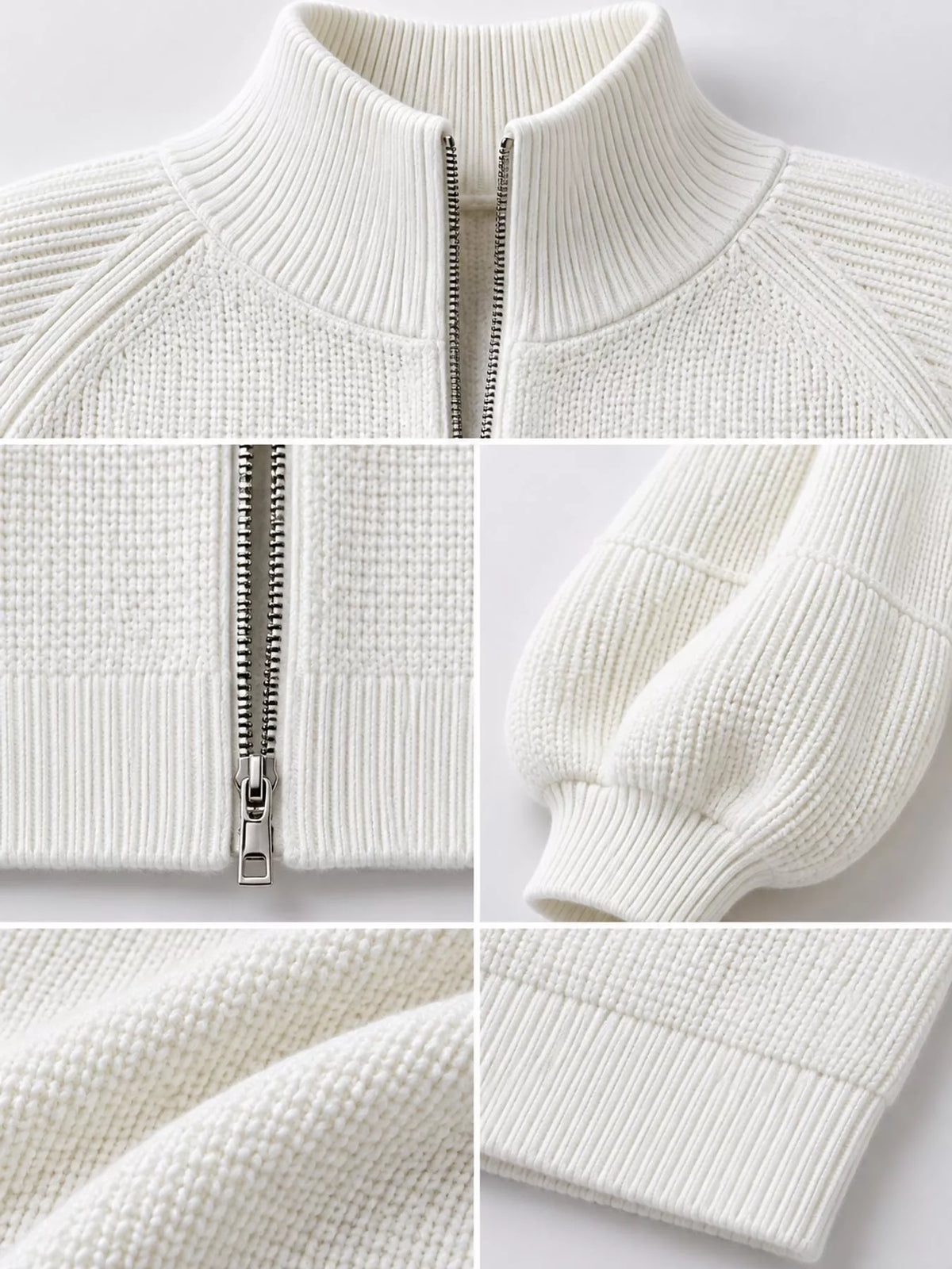 White ribbed knit zip-up lantern sleeve cardigan, detail view