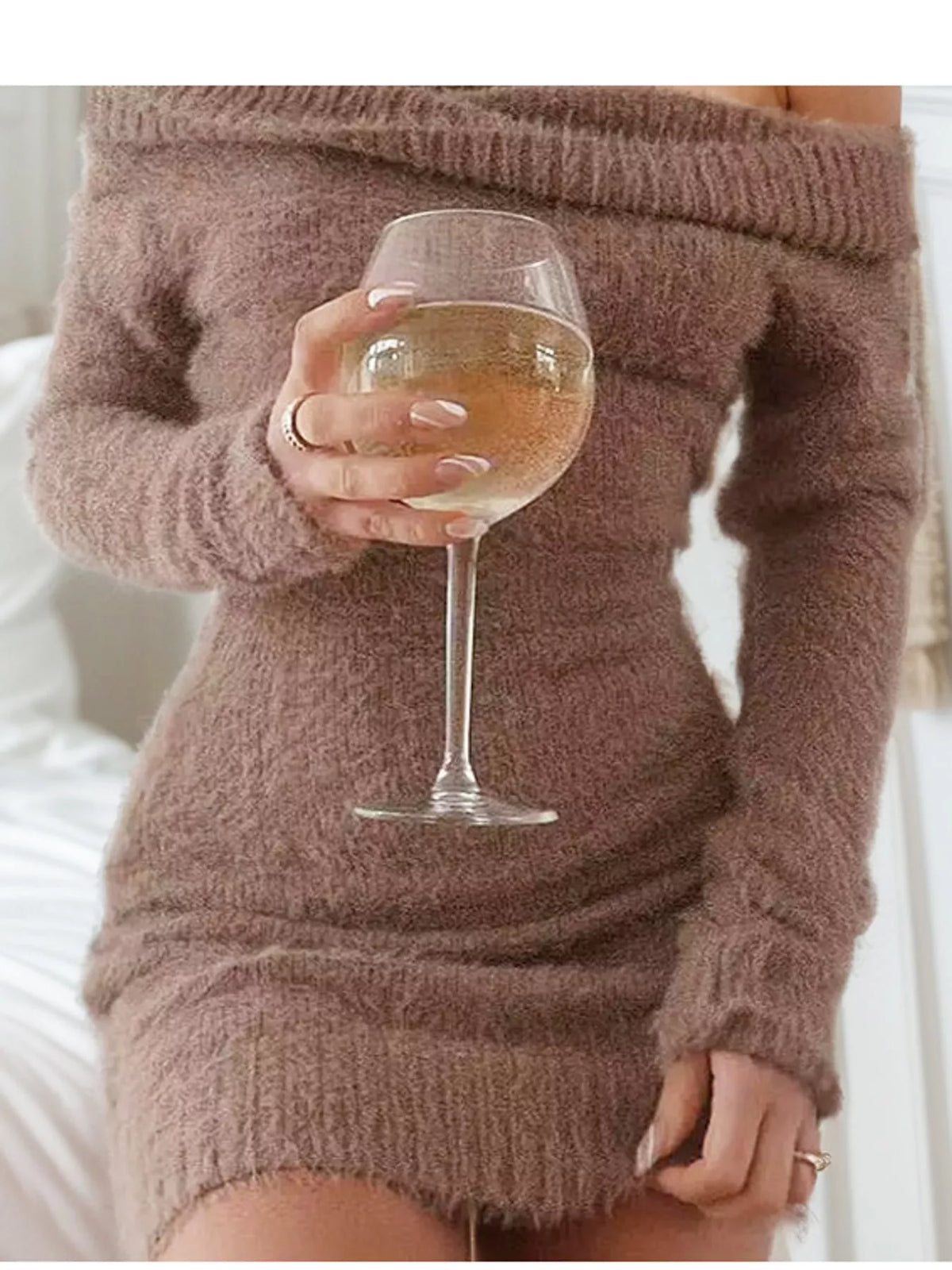 Off-shoulder long sleeve mini dress, front view on model