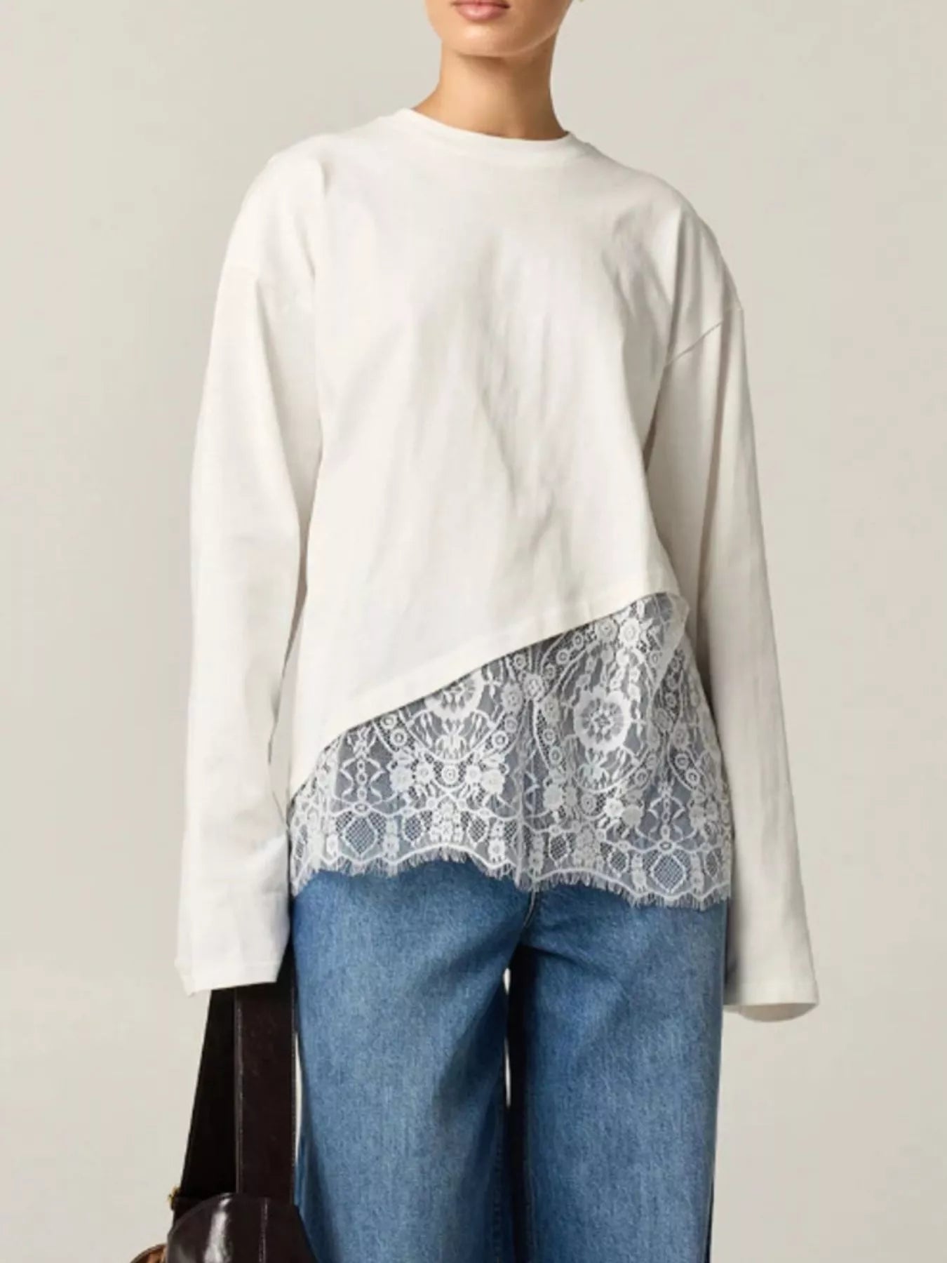 Trendsi Long-Sleeve T-Shirt with Asymmetric Lace Hem -